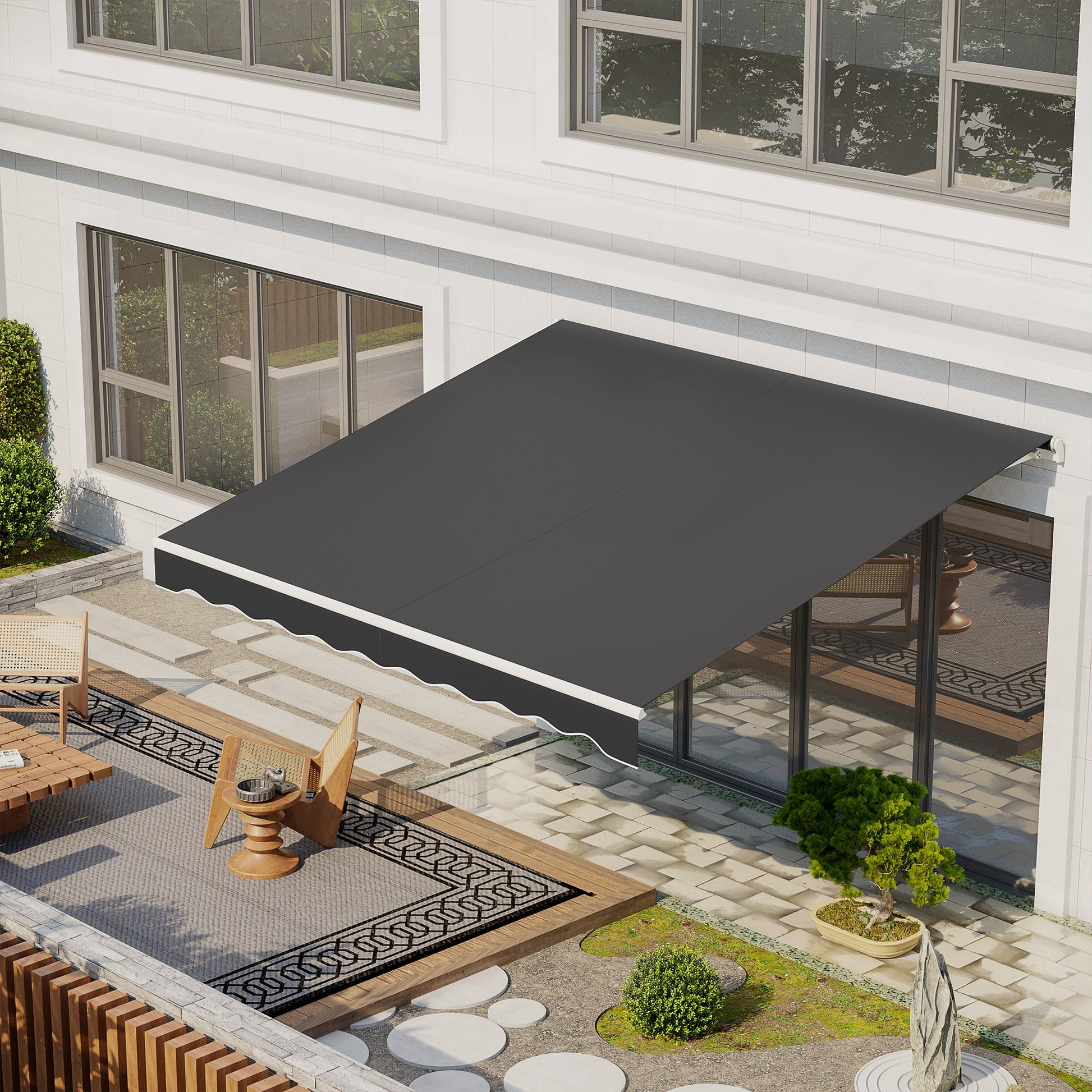 12' x 10' Electric Awning, Retractable Awning Sun Shade Shelter with Remote Controller, Manual Crank Handle and Aluminum Frame, for Deck, Balcony, Yard, Dark Grey