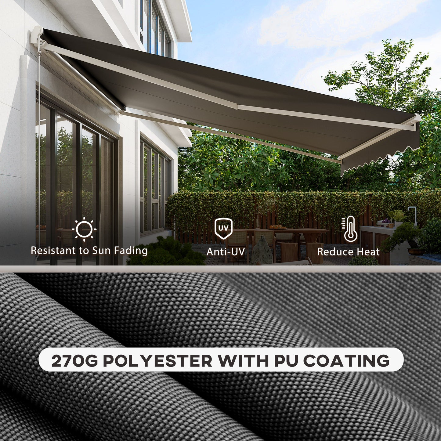 12' x 10' Electric Awning, Retractable Awning Sun Shade Shelter with Remote Controller, Manual Crank Handle and Aluminum Frame, for Deck, Balcony, Yard, Dark Grey