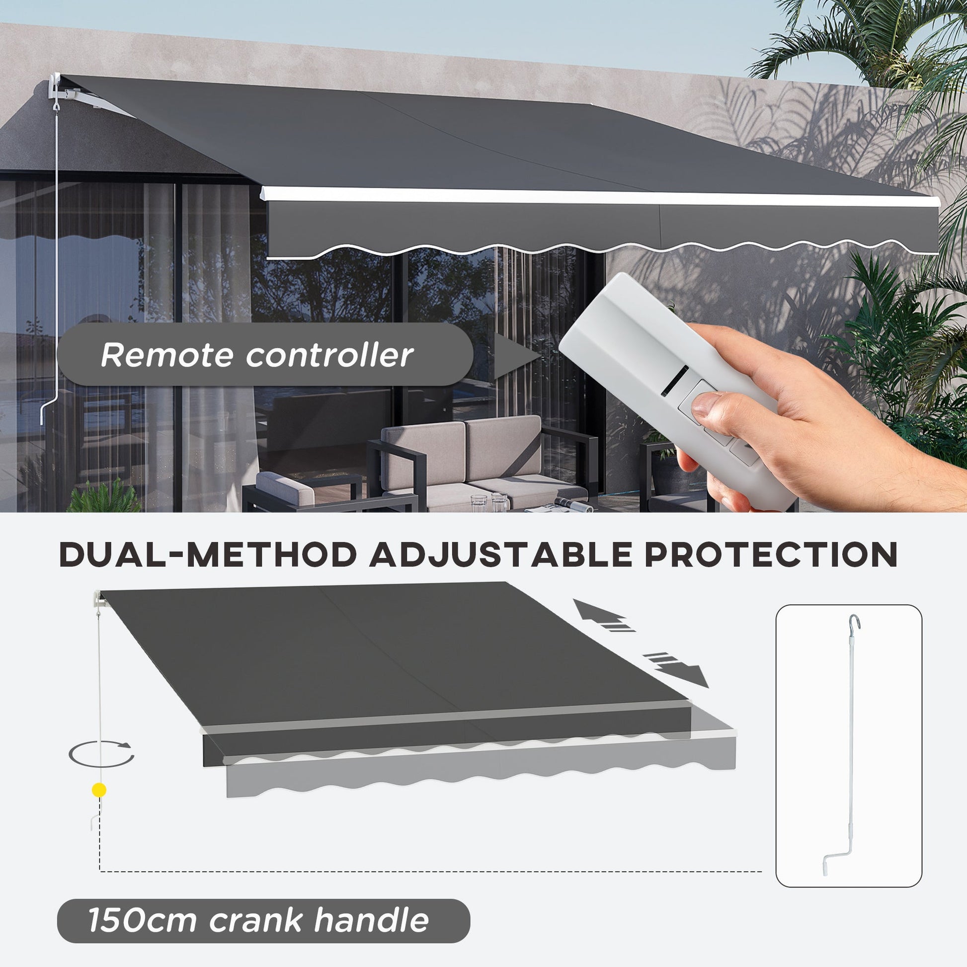 12' x 10' Electric Awning, Retractable Awning Sun Shade Shelter with Remote Controller, Manual Crank Handle and Aluminum Frame, for Deck, Balcony, Yard, Dark Grey