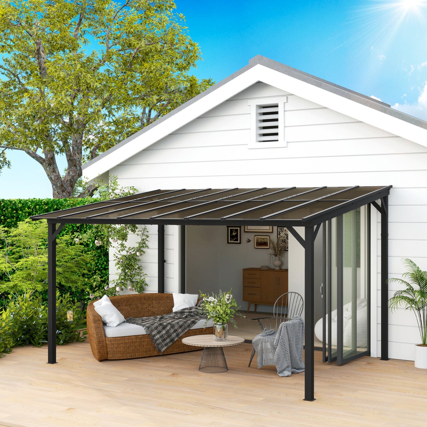 10' x 14' Outdoor Pergola with UPF 50+ and Waterproof Polycarbonate Roof, Wall-Mounted / Free Standing Hardtop Gazebo, Wind-resistant for Patio Deck Backyard, Dark Grey
