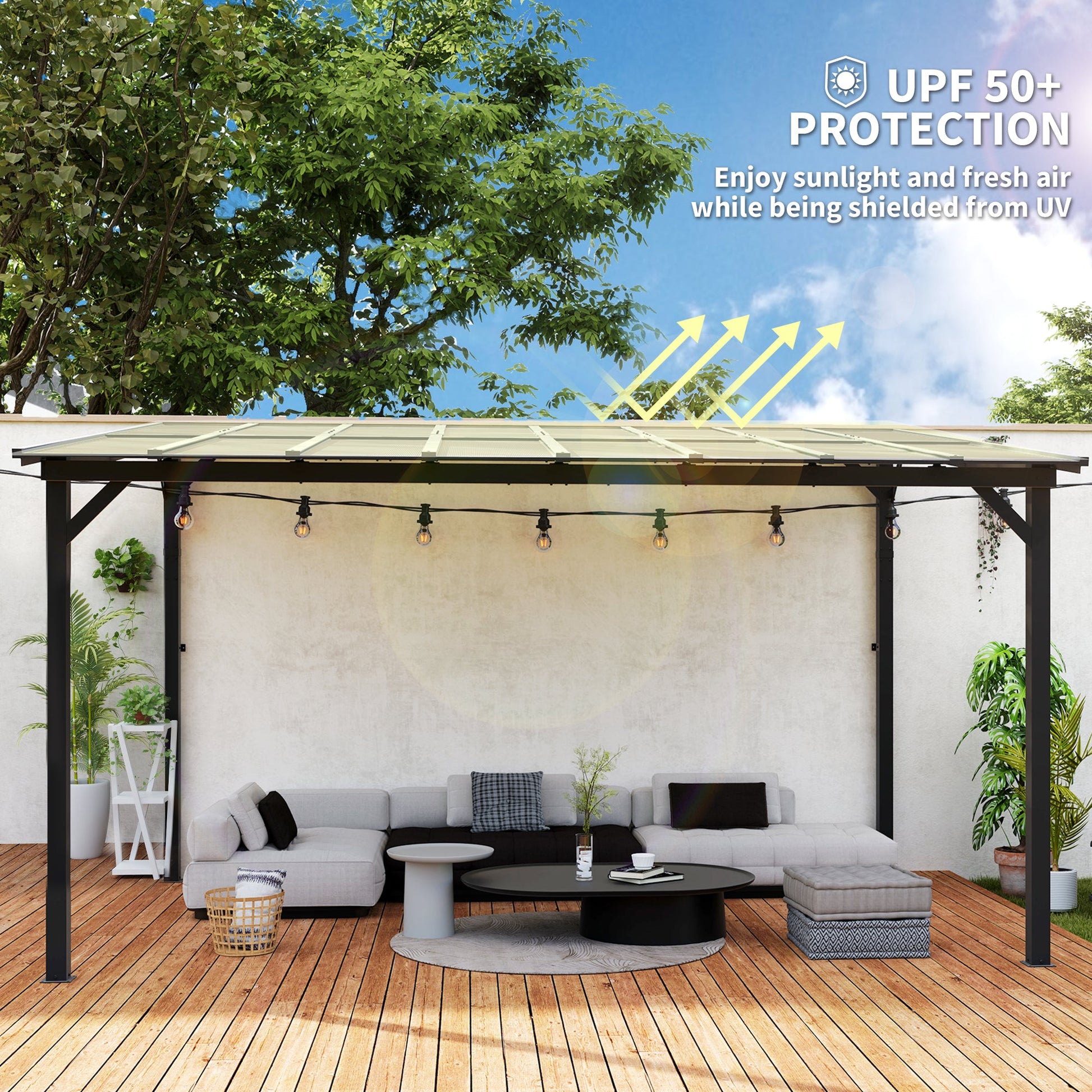 10' x 14' Outdoor Pergola with UPF 50+ and Waterproof Polycarbonate Roof, Wall-Mounted / Free Standing Hardtop Gazebo, Wind-resistant for Patio Deck Backyard, Dark Grey