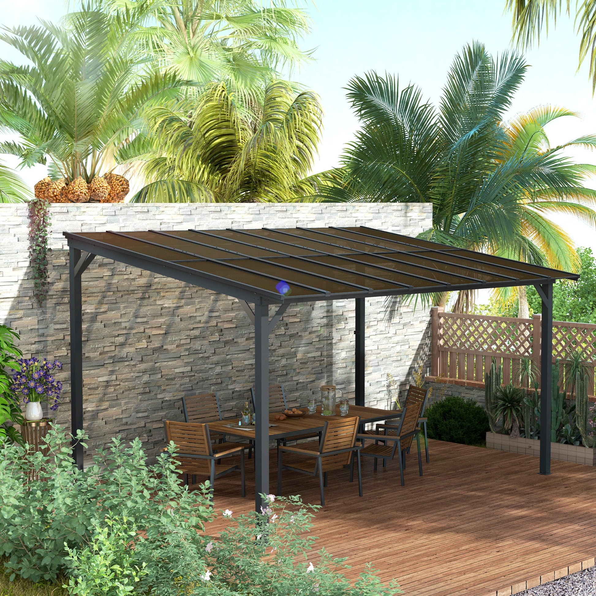10' x 14' Outdoor Pergola with UPF 50+ and Waterproof Polycarbonate Roof, Wall-Mounted / Free Standing Hardtop Gazebo, Wind-resistant for Patio Deck Backyard, Dark Grey