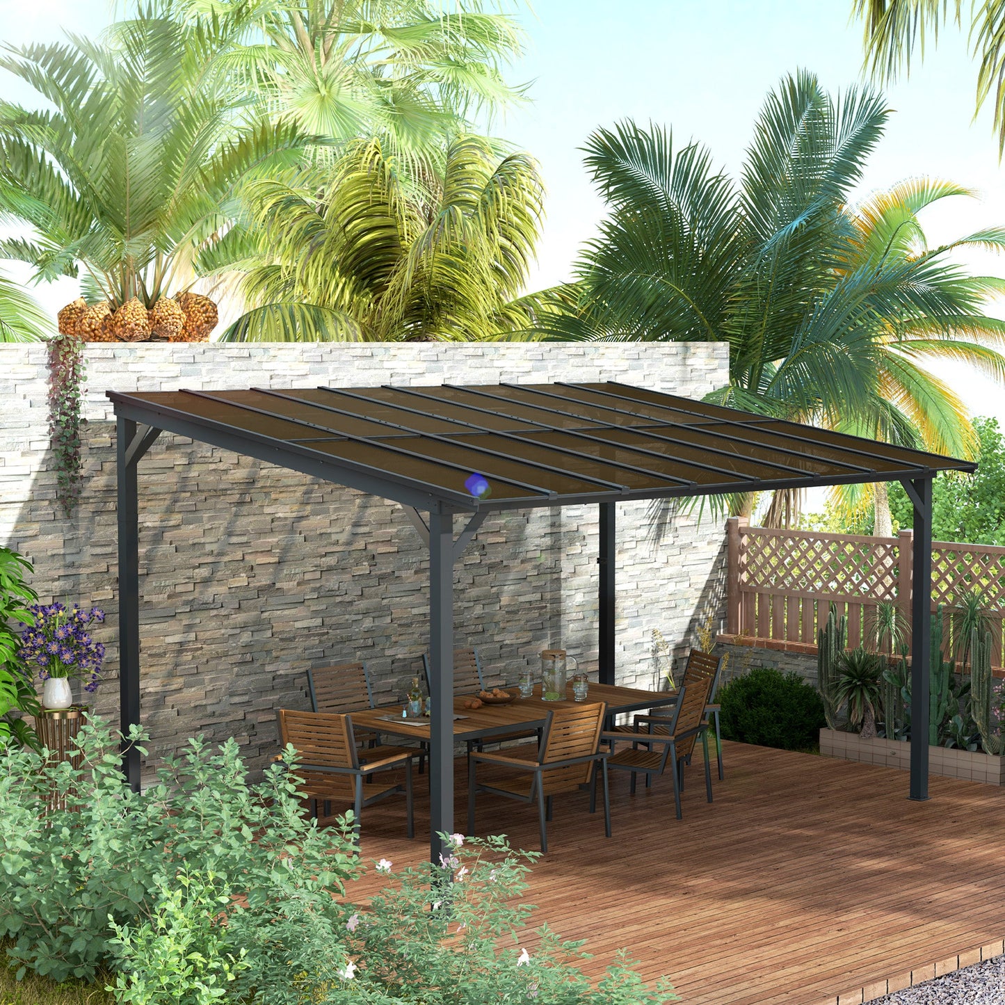 10' x 14' Outdoor Pergola with UPF 50+ and Waterproof Polycarbonate Roof, Wall-Mounted / Free Standing Hardtop Gazebo, Wind-resistant for Patio Deck Backyard, Dark Grey