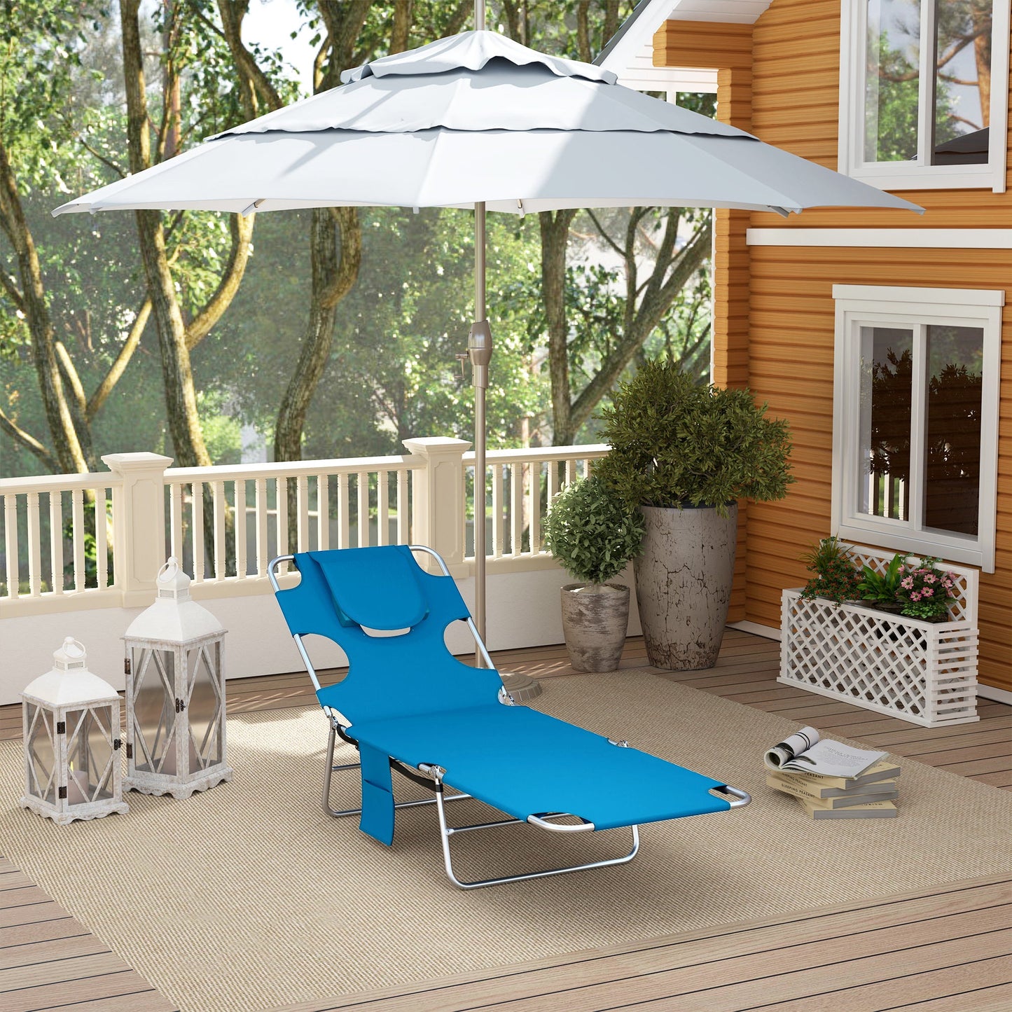 Folding Lounge Chair Outdoor Tanning Chair with Face Hole, 5-Position Reclining Sun Lounger Chaise Lounge Cot with Side Pocket, Carry Strap for Beach Pool, Yard, Blue