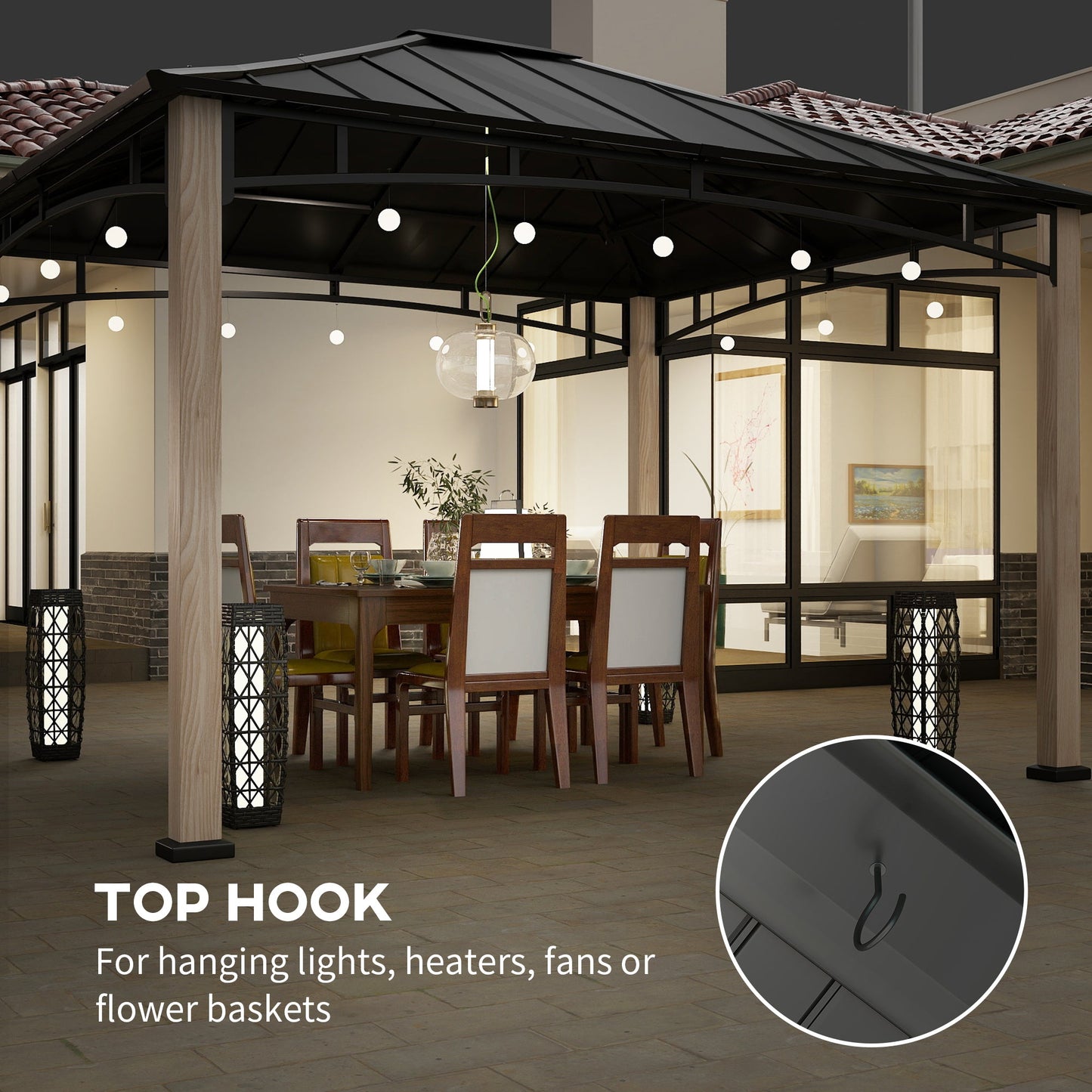 10' x 12' Hardtop Gazebo Canopy with Galvanized Metal Roof and Wood Grain Frame, Permanent Outdoor Gazebo with Ceiling Hook for Patio, Garden, Backyard, Lawn, Deck