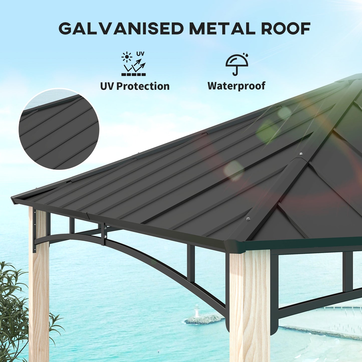 10' x 12' Hardtop Gazebo Canopy with Galvanized Metal Roof and Wood Grain Frame, Permanent Outdoor Gazebo with Ceiling Hook for Patio, Garden, Backyard, Lawn, Deck
