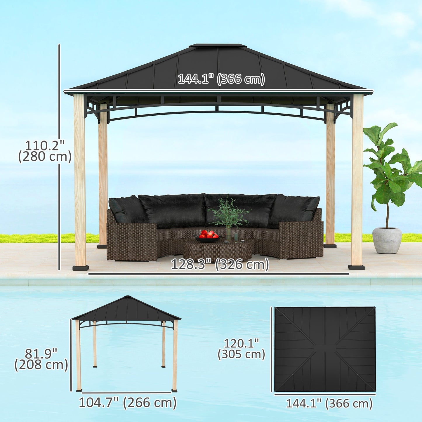 10' x 12' Hardtop Gazebo Canopy with Galvanized Metal Roof and Wood Grain Frame, Permanent Outdoor Gazebo with Ceiling Hook for Patio, Garden, Backyard, Lawn, Deck