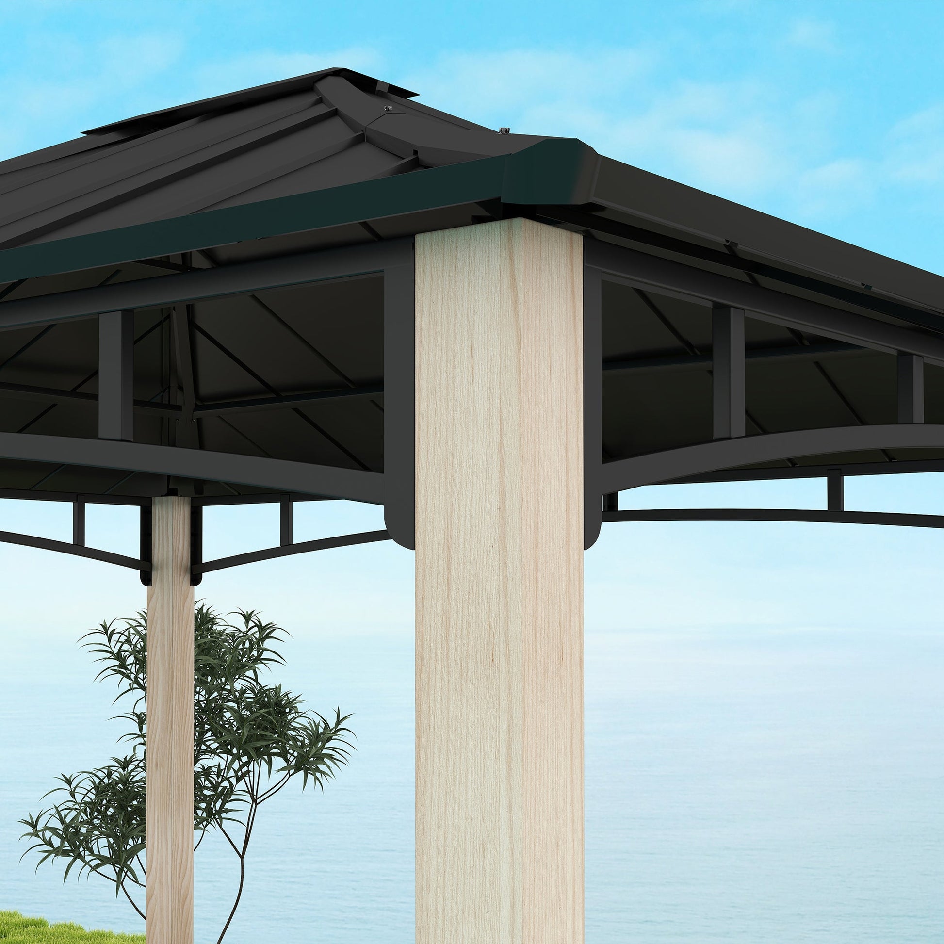 10' x 12' Hardtop Gazebo Canopy with Galvanized Metal Roof and Wood Grain Frame, Permanent Outdoor Gazebo with Ceiling Hook for Patio, Garden, Backyard, Lawn, Deck