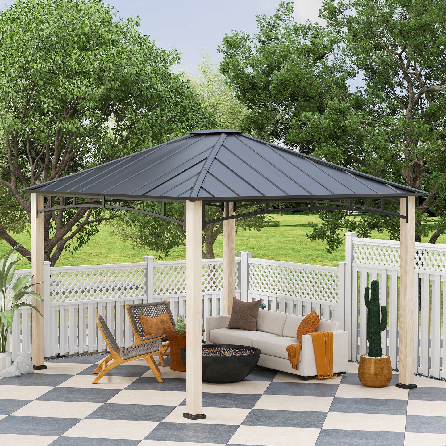 10' x 12' Hardtop Gazebo Canopy with Galvanized Metal Roof and Wood Grain Frame, Permanent Outdoor Gazebo with Ceiling Hook for Patio, Garden, Backyard, Lawn, Deck