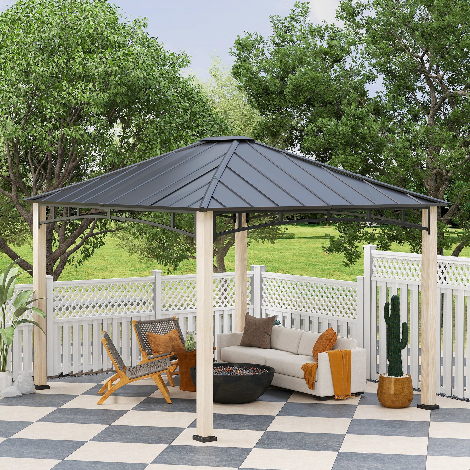 10' x 12' Hardtop Gazebo Canopy with Galvanized Metal Roof and Wood Grain Frame, Permanent Outdoor Gazebo with Ceiling Hook for Patio, Garden, Backyard, Lawn, Deck