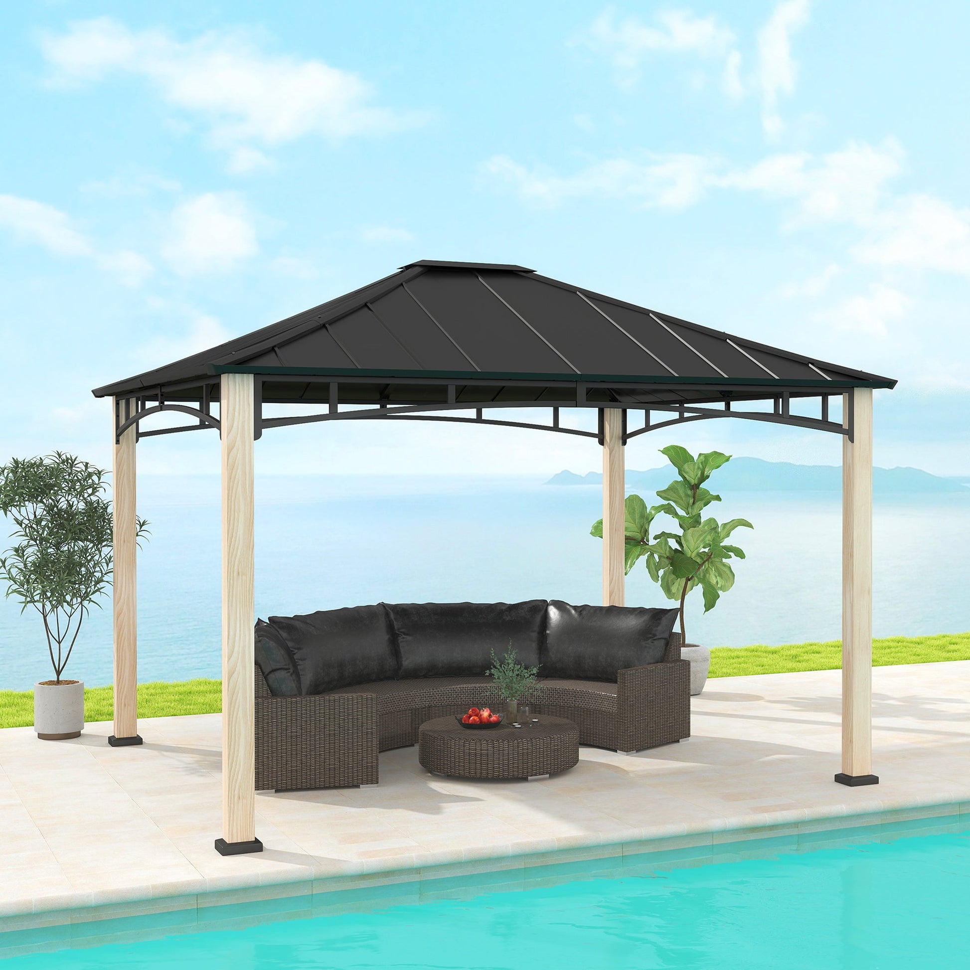 10' x 12' Hardtop Gazebo Canopy with Galvanized Metal Roof and Wood Grain Frame, Permanent Outdoor Gazebo with Ceiling Hook for Patio, Garden, Backyard, Lawn, Deck