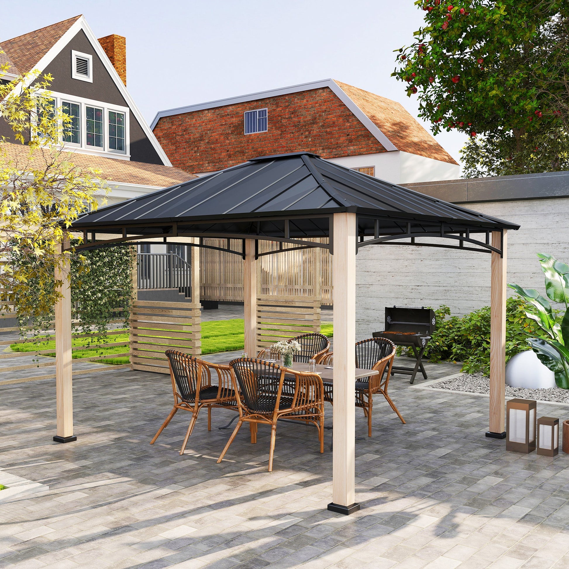 10' x 12' Hardtop Gazebo Canopy with Galvanized Metal Roof and Wood Grain Frame, Permanent Outdoor Gazebo with Ceiling Hook for Patio, Garden, Backyard, Lawn, Deck