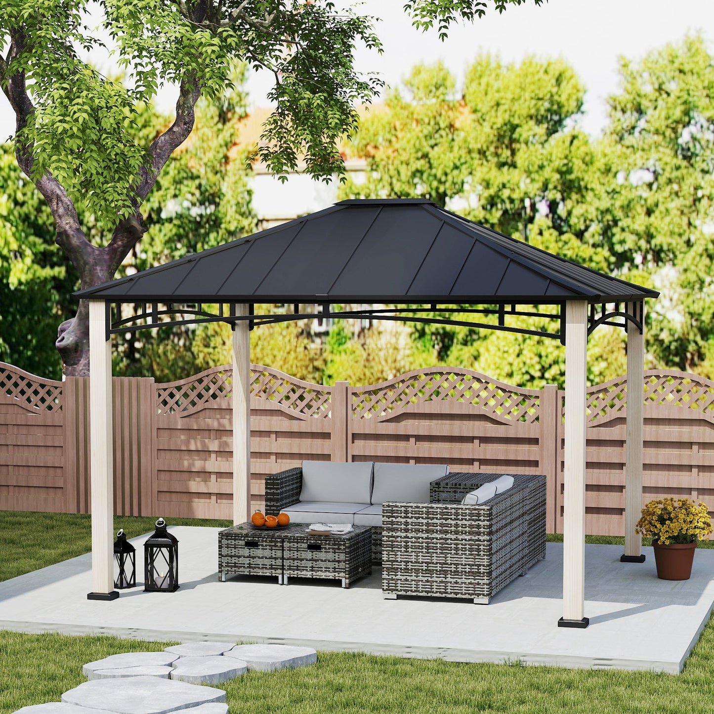 10' x 12' Hardtop Gazebo Canopy with Galvanized Metal Roof and Wood Grain Frame, Permanent Outdoor Gazebo with Ceiling Hook for Patio, Garden, Backyard, Lawn, Deck
