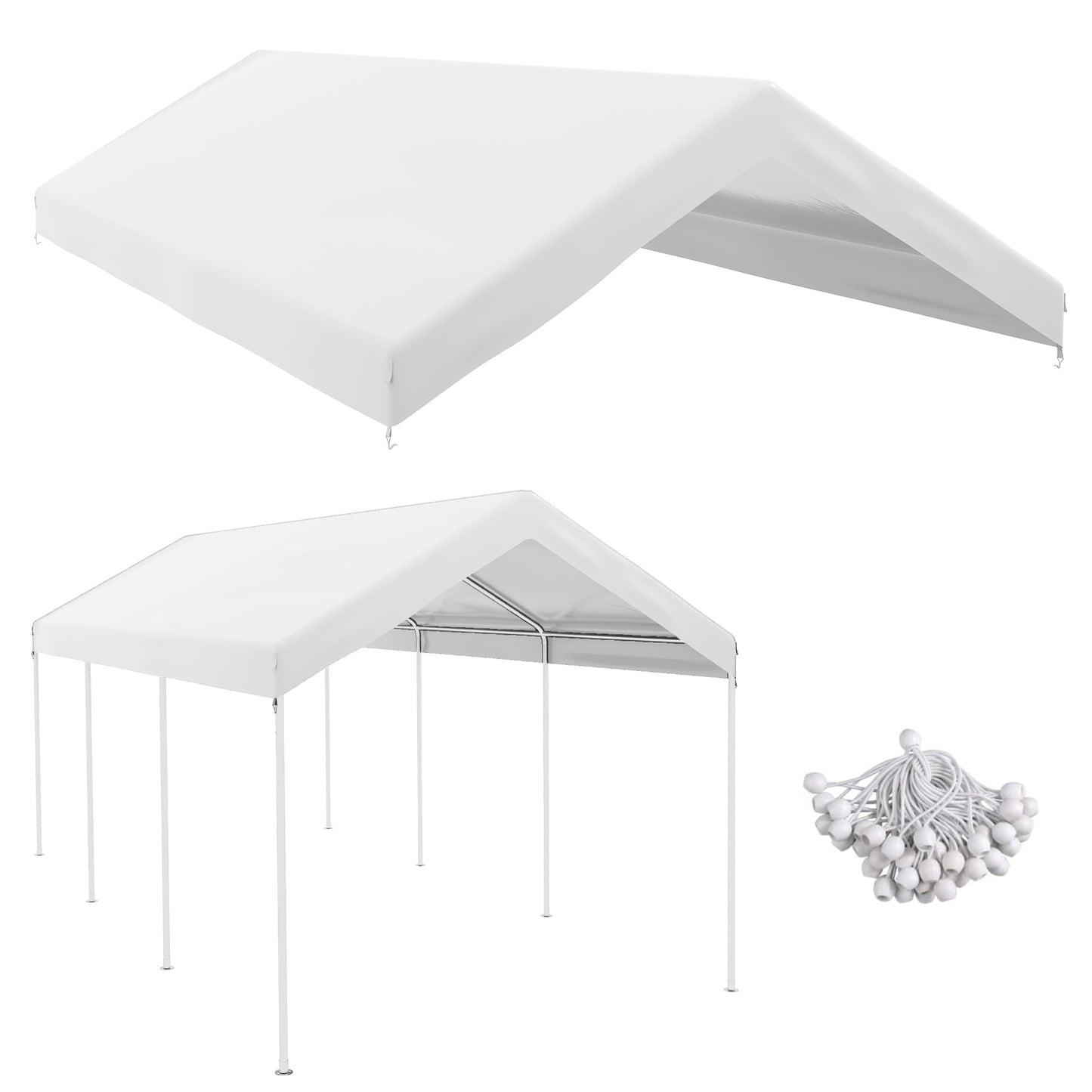 10 x 20 ft Carport Replacement Canopy, UV Resistant Garage Car Cover with Ball Bungee Cords, White, (Only Cover)