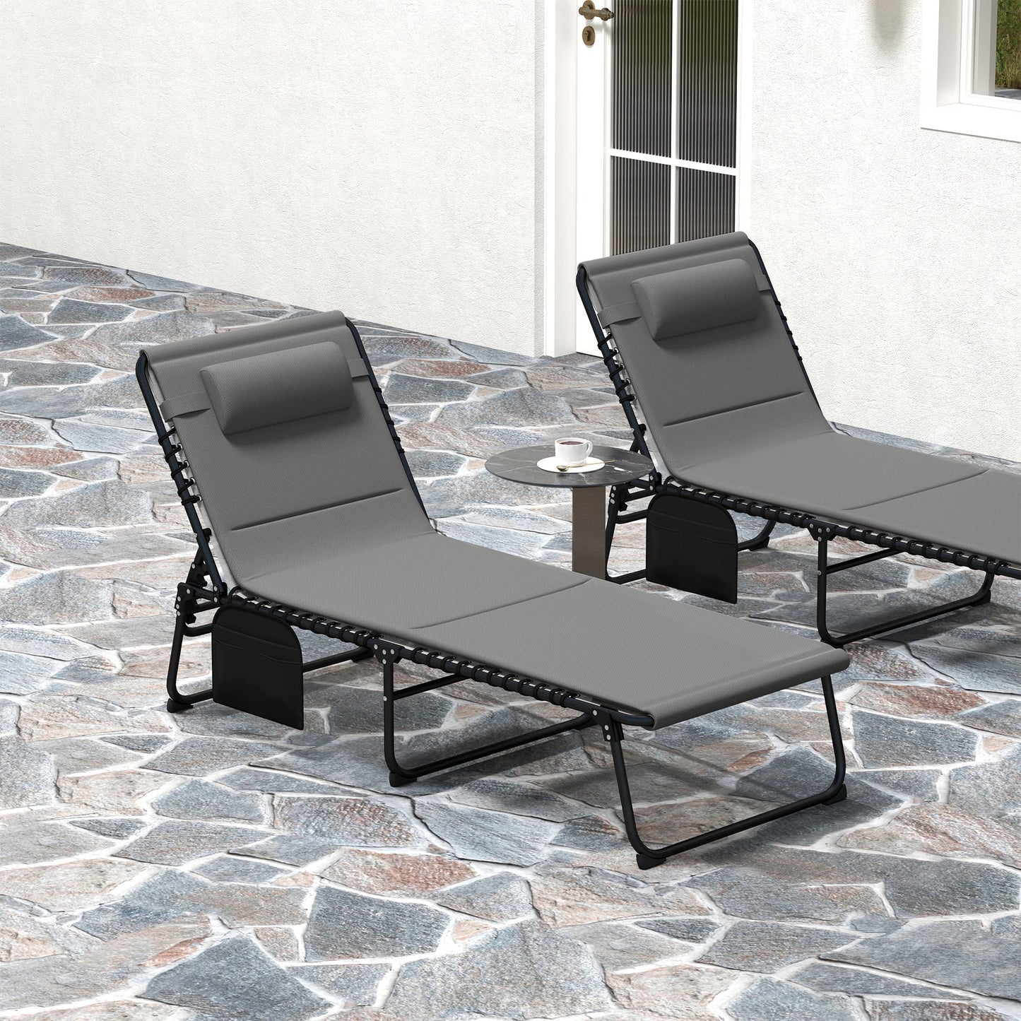 Folding Chaise Lounge Chair Set of 2, Reclining Outdoor Lounge Chair Set with Quick Drying Pad Headrest Side Pocket, Tanning Chair Set for Beach Garden Pool, Light Grey