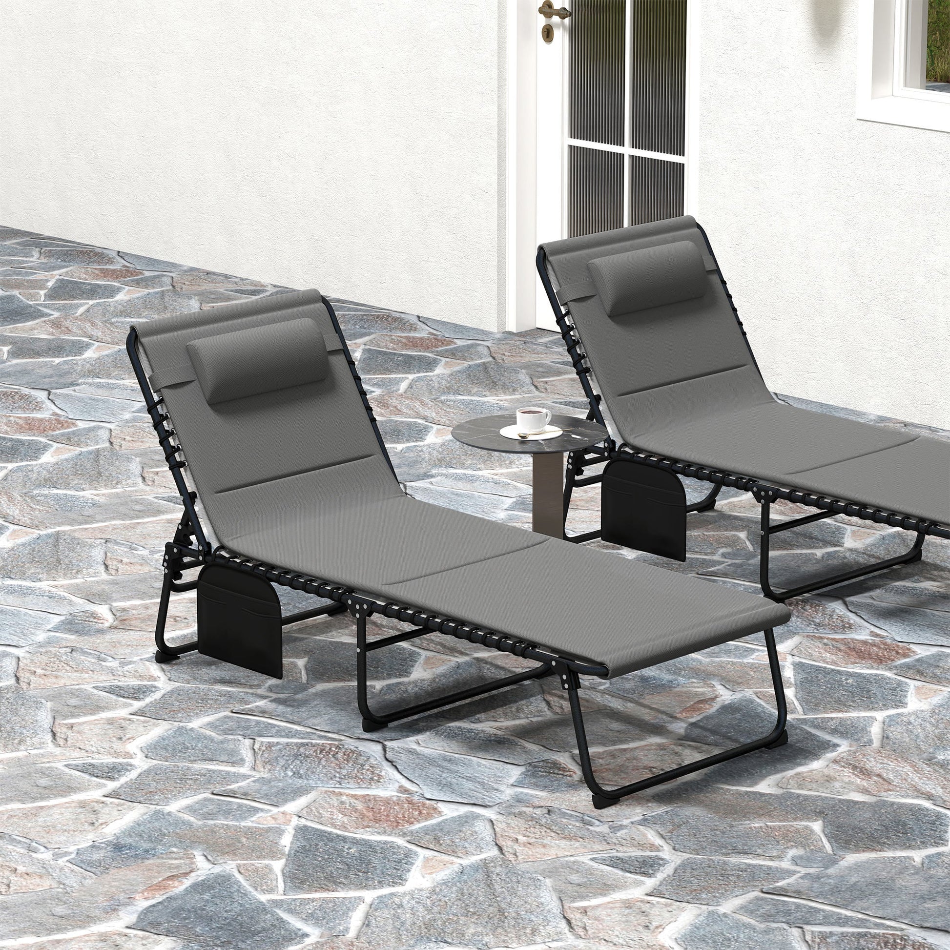 Folding Chaise Lounge Chair Set of 2, Reclining Outdoor Lounge Chair Set with Quick Drying Pad Headrest Side Pocket, Tanning Chair Set for Beach Garden Pool, Light Grey