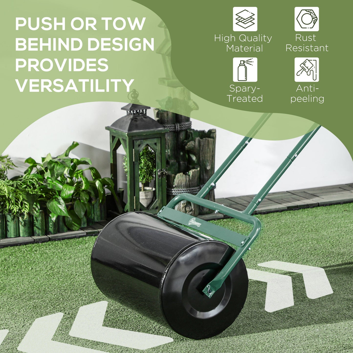 20" Push/Tow Behind Lawn Roller, Heavy Duty Sod Drum Roller Filled with 11 Gal Water/136 Lbs Sand, Grass Flattener for Yard, Patio, Park, Green