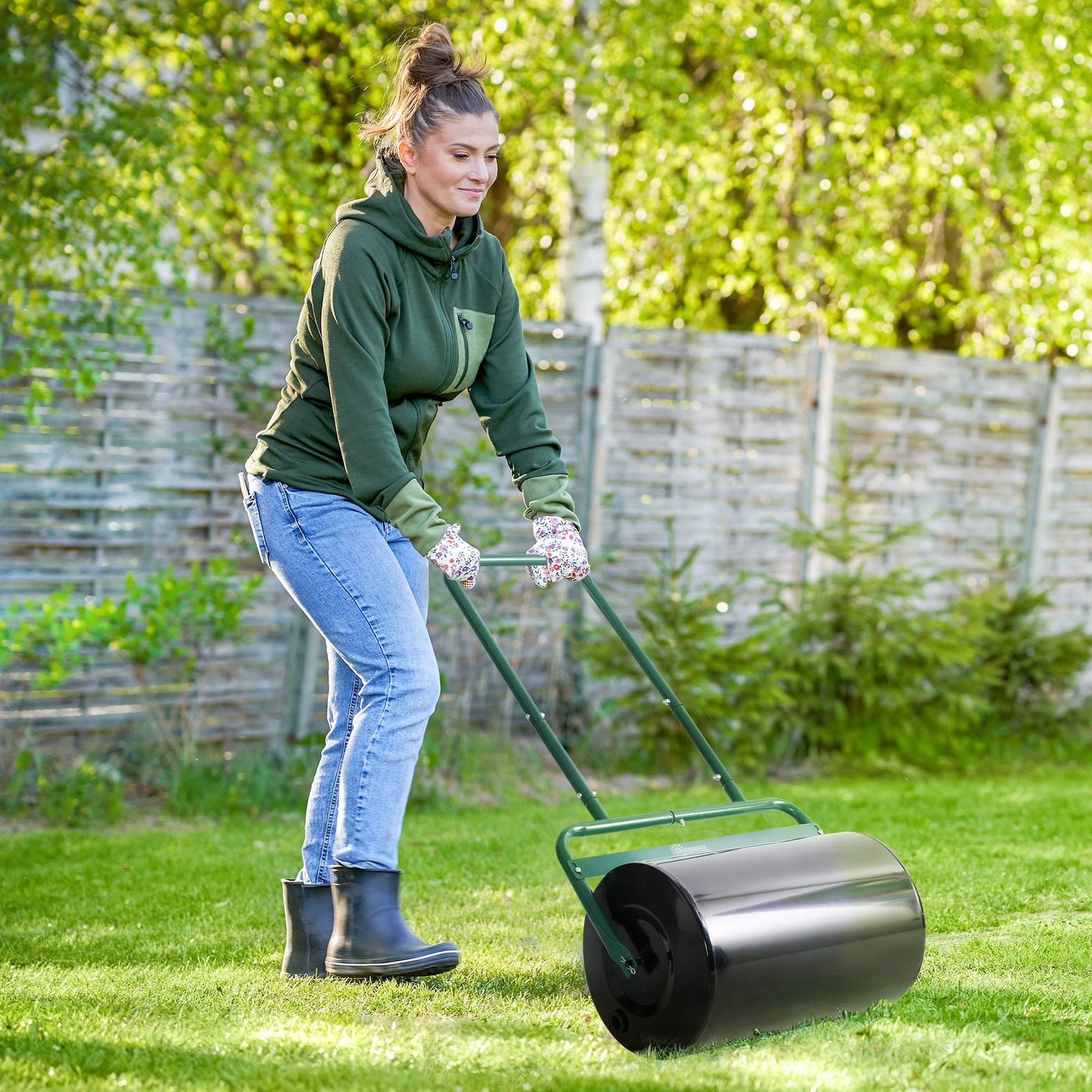 20" Push/Tow Behind Lawn Roller, Heavy Duty Sod Drum Roller Filled with 11 Gal Water/136 Lbs Sand, Grass Flattener for Yard, Patio, Park, Green