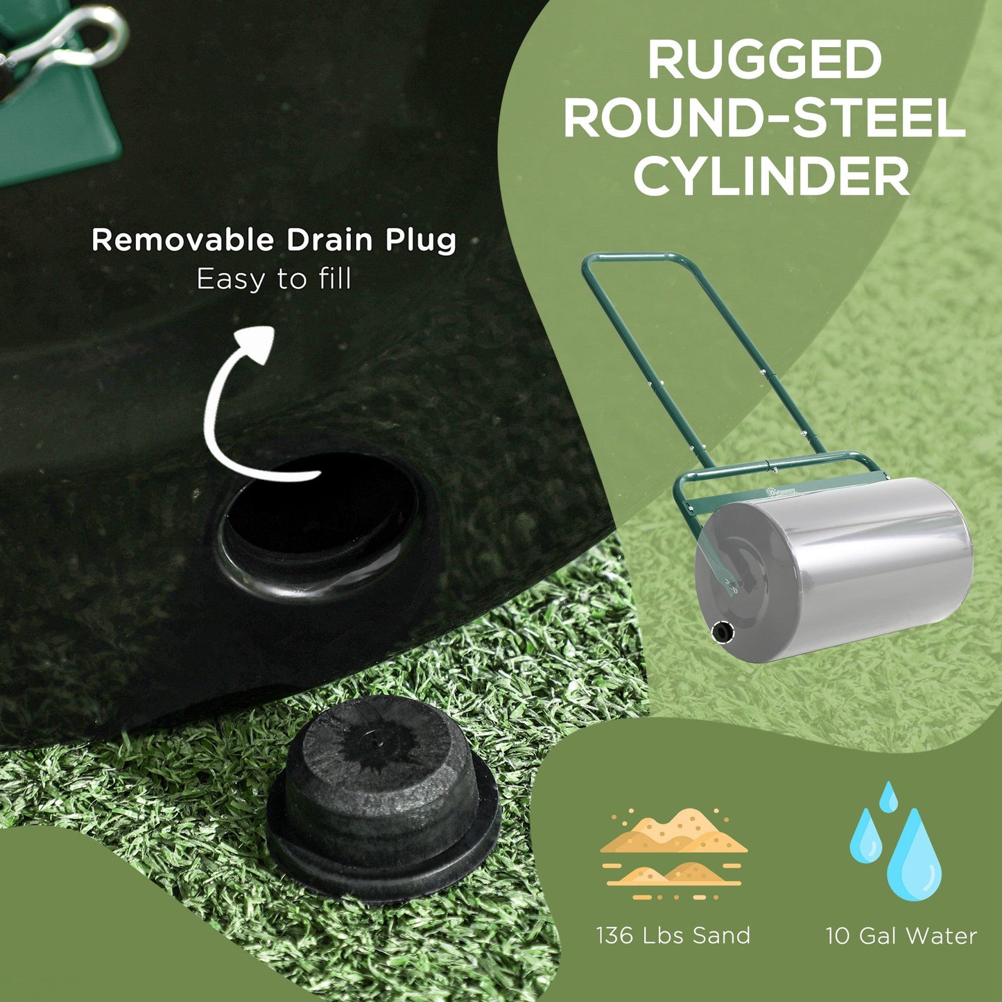 20" Push/Tow Behind Lawn Roller, Heavy Duty Sod Drum Roller Filled with 11 Gal Water/136 Lbs Sand, Grass Flattener for Yard, Patio, Park, Green