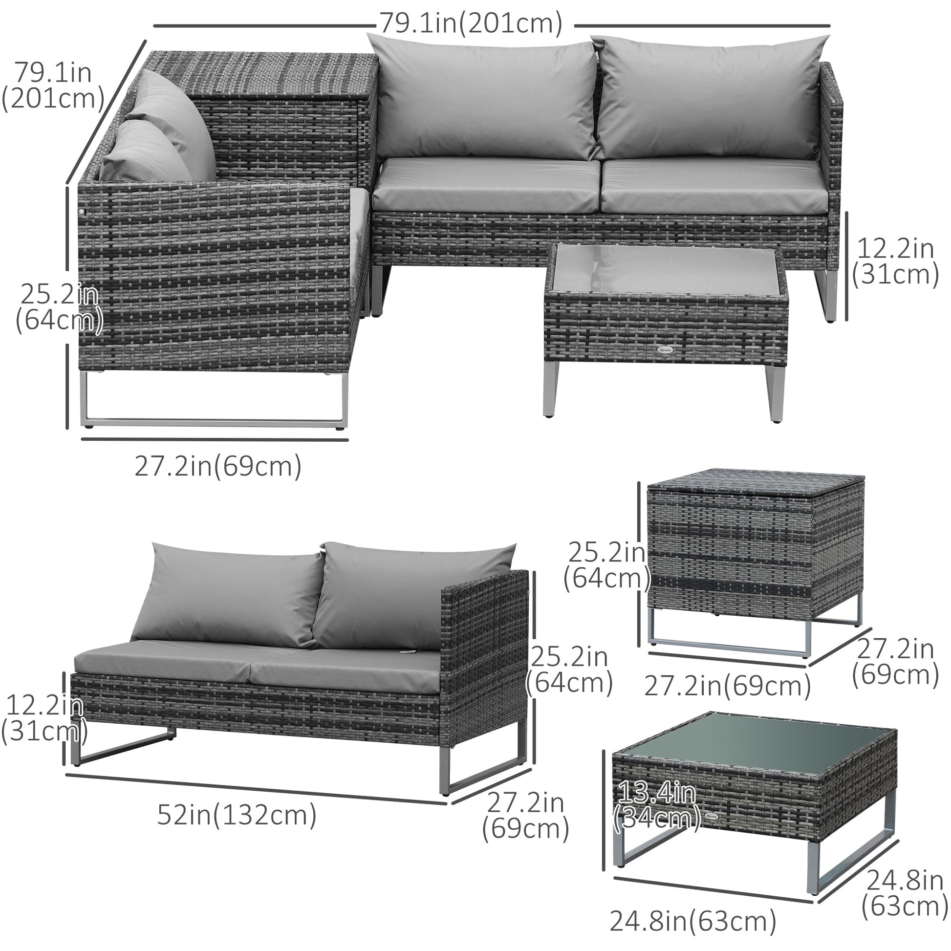 4 Piece Patio Furniture Set, Outdoor Sectional Rattan Sofa with Storage Function, Glass Top Coffee Table for Backyard, Porch, Poolside, Balcony, Garden