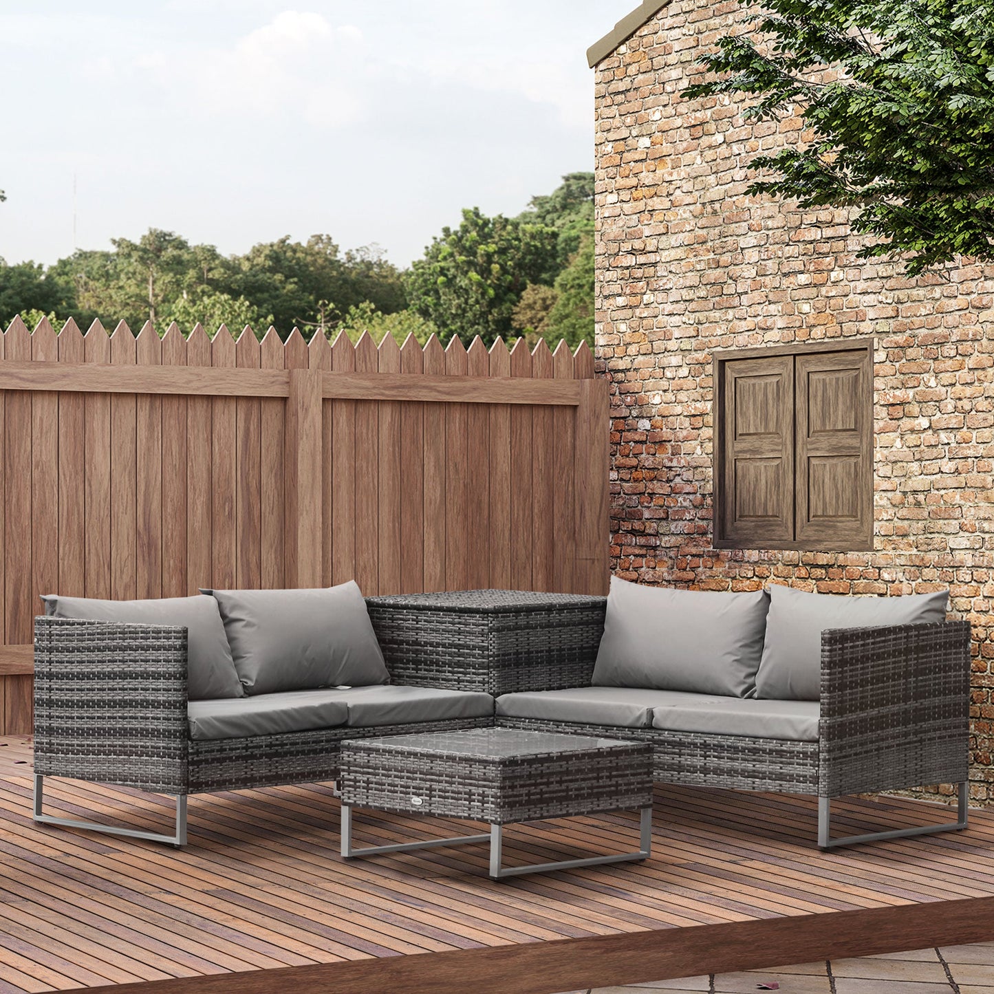 4 Piece Patio Furniture Set, Outdoor Sectional Rattan Sofa with Storage Function, Glass Top Coffee Table for Backyard, Porch, Poolside, Balcony, Garden