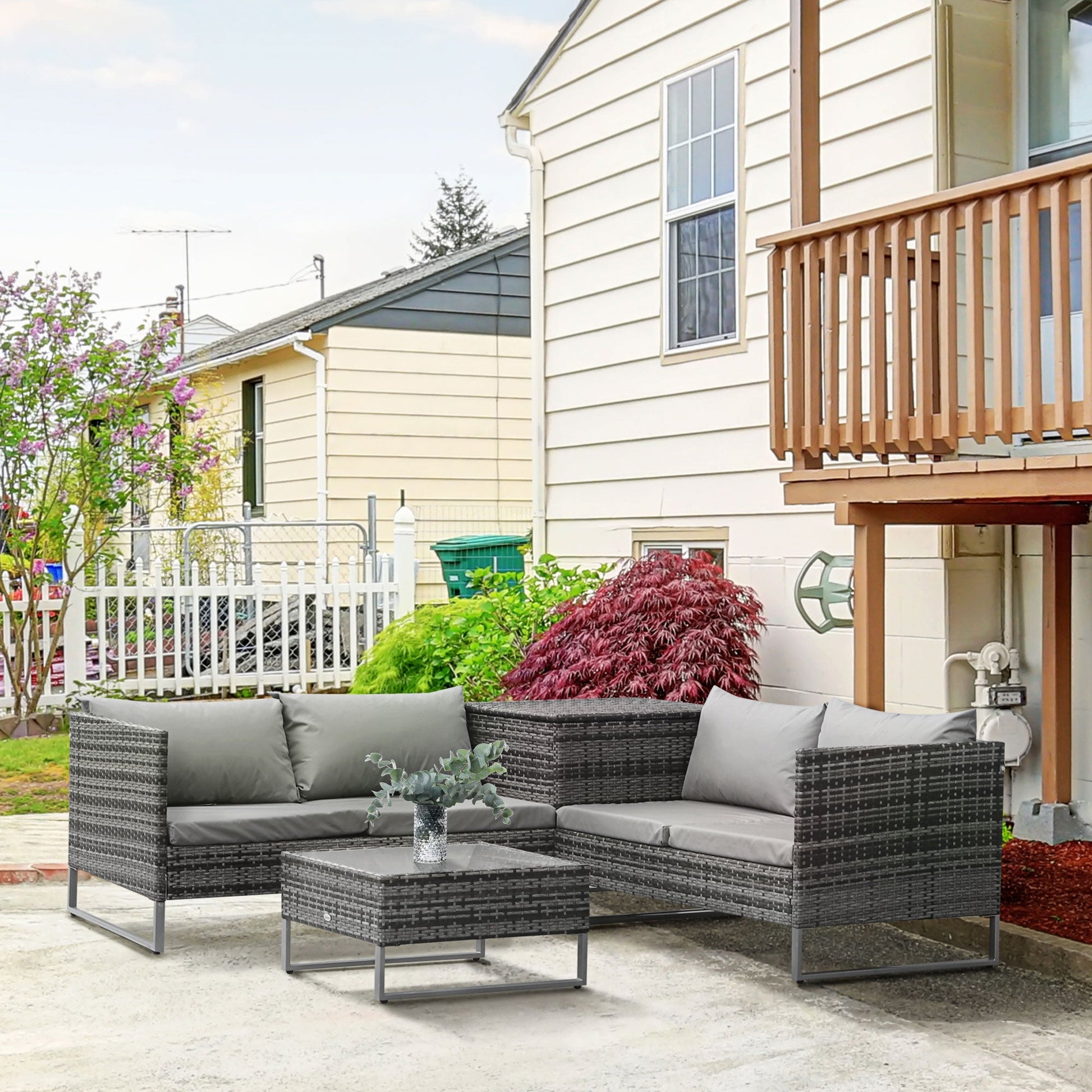 4 Piece Patio Furniture Set, Outdoor Sectional Rattan Sofa with Storage Function, Glass Top Coffee Table for Backyard, Porch, Poolside, Balcony, Garden
