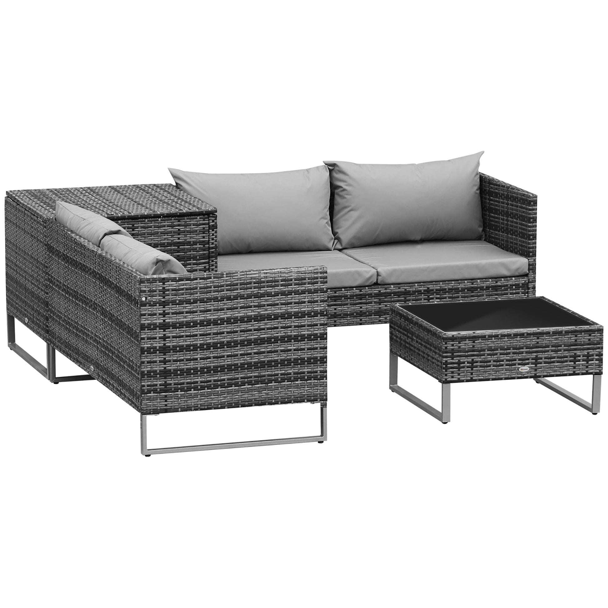 4 Piece Patio Furniture Set, Outdoor Sectional Rattan Sofa with Storage Function, Glass Top Coffee Table for Backyard, Porch, Poolside, Balcony, Garden