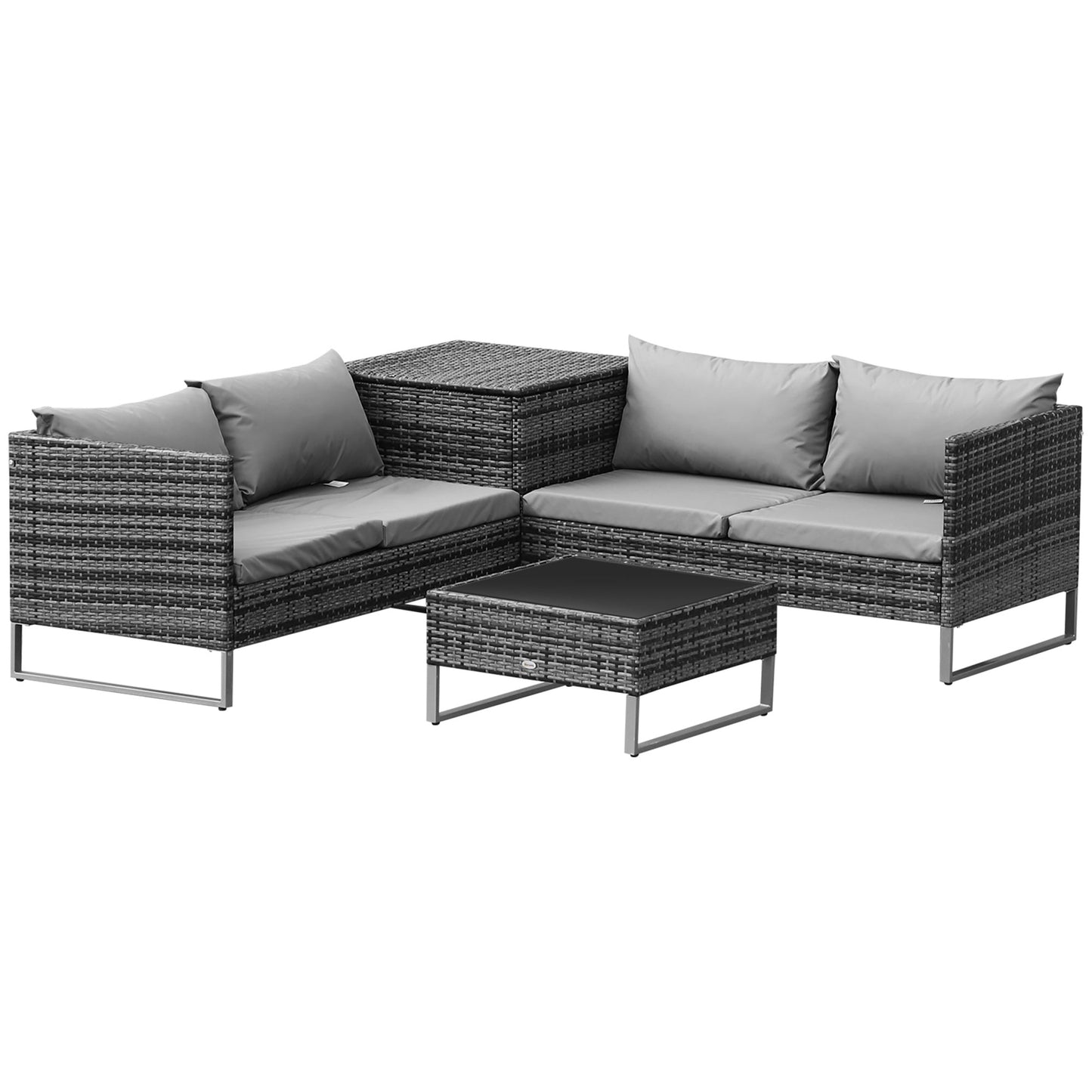 4 Piece Patio Furniture Set, Outdoor Sectional Rattan Sofa with Storage Function, Glass Top Coffee Table for Backyard, Porch, Poolside, Balcony, Garden