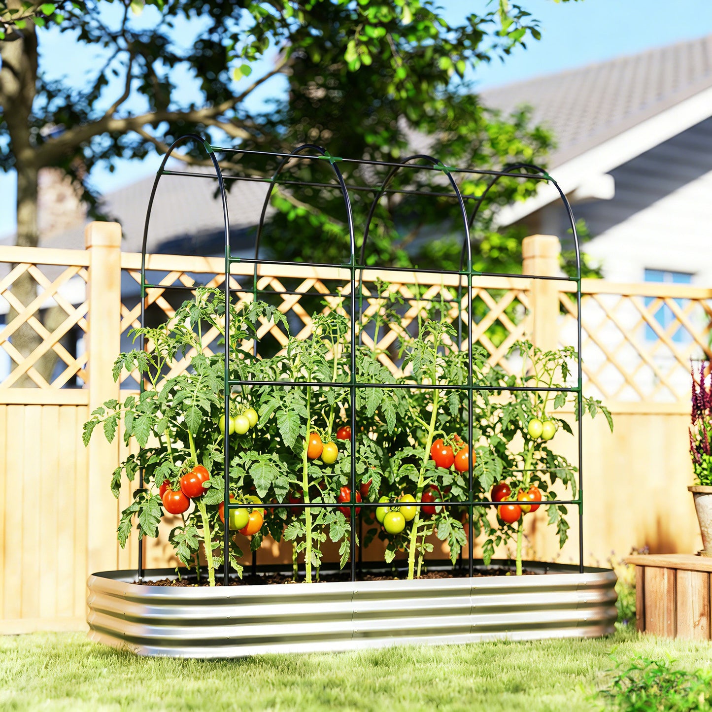 Galvanised Raised Garden Bed with Arched Trellis, 7 x 4 x 7ft Metal Outdoor Planter Box with Open Bottom Design, Modular Raised Bed with Gloves, Easy Assembly, Silver