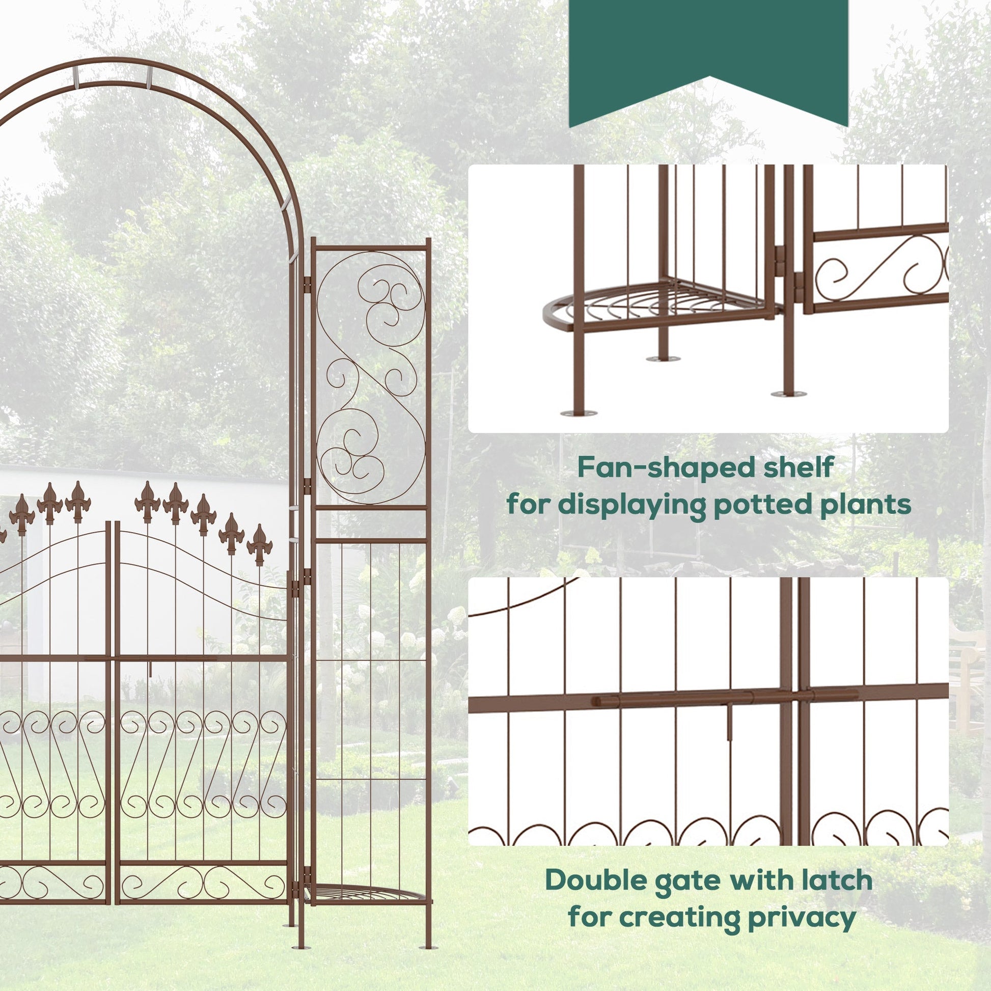 7ft Metal Garden Arch with Gate, Garden Arbor Trellis for Climbing Plants, Roses, Vines, Wedding Arch for Ceremony, Garden, Lawn, Backyard, Brown