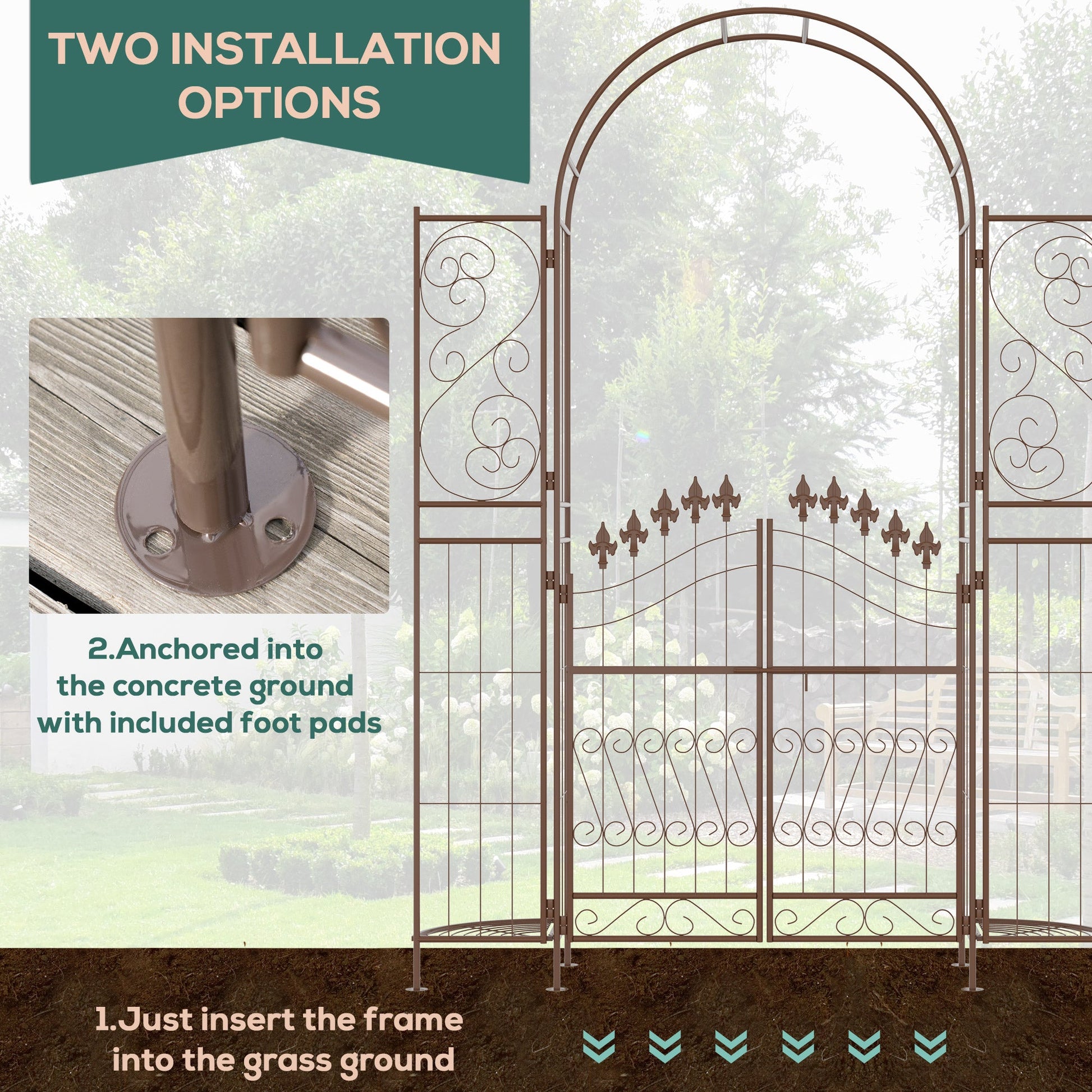 7ft Metal Garden Arch with Gate, Garden Arbor Trellis for Climbing Plants, Roses, Vines, Wedding Arch for Ceremony, Garden, Lawn, Backyard, Brown