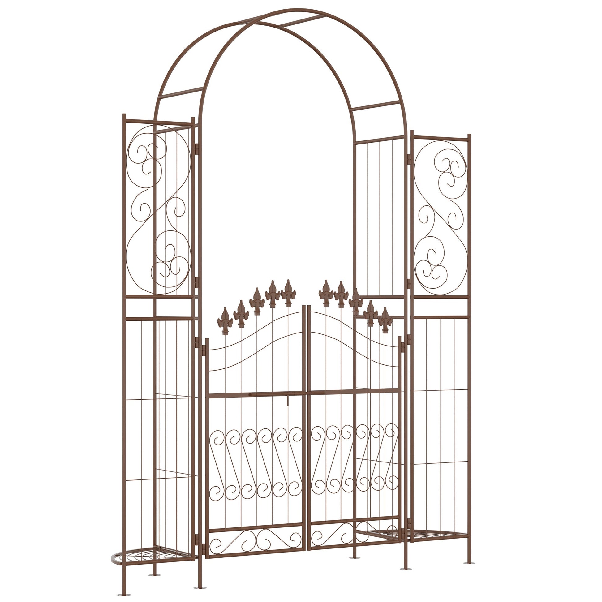 7ft Metal Garden Arch with Gate, Garden Arbor Trellis for Climbing Plants, Roses, Vines, Wedding Arch for Ceremony, Garden, Lawn, Backyard, Brown