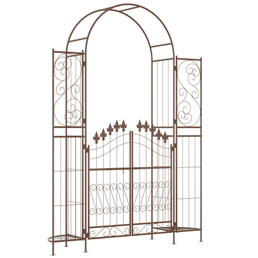7ft Metal Garden Arch with Gate, Garden Arbor Trellis for Climbing Plants, Roses, Vines, Wedding Arch for Ceremony, Garden, Lawn, Backyard, Brown