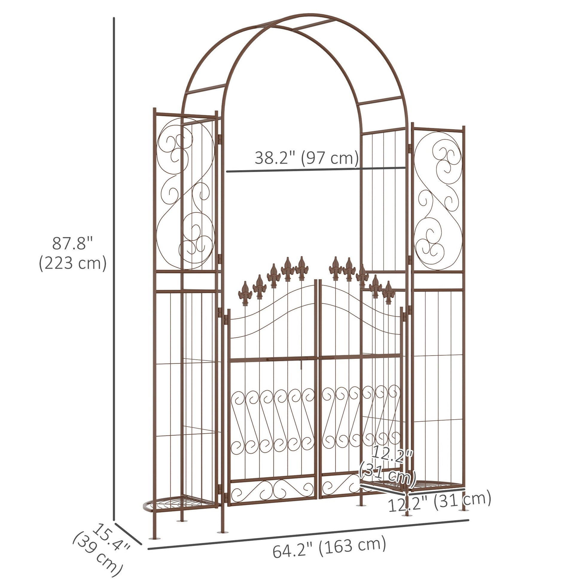 7ft Metal Garden Arch with Gate, Garden Arbor Trellis for Climbing Plants, Roses, Vines, Wedding Arch for Ceremony, Garden, Lawn, Backyard, Brown