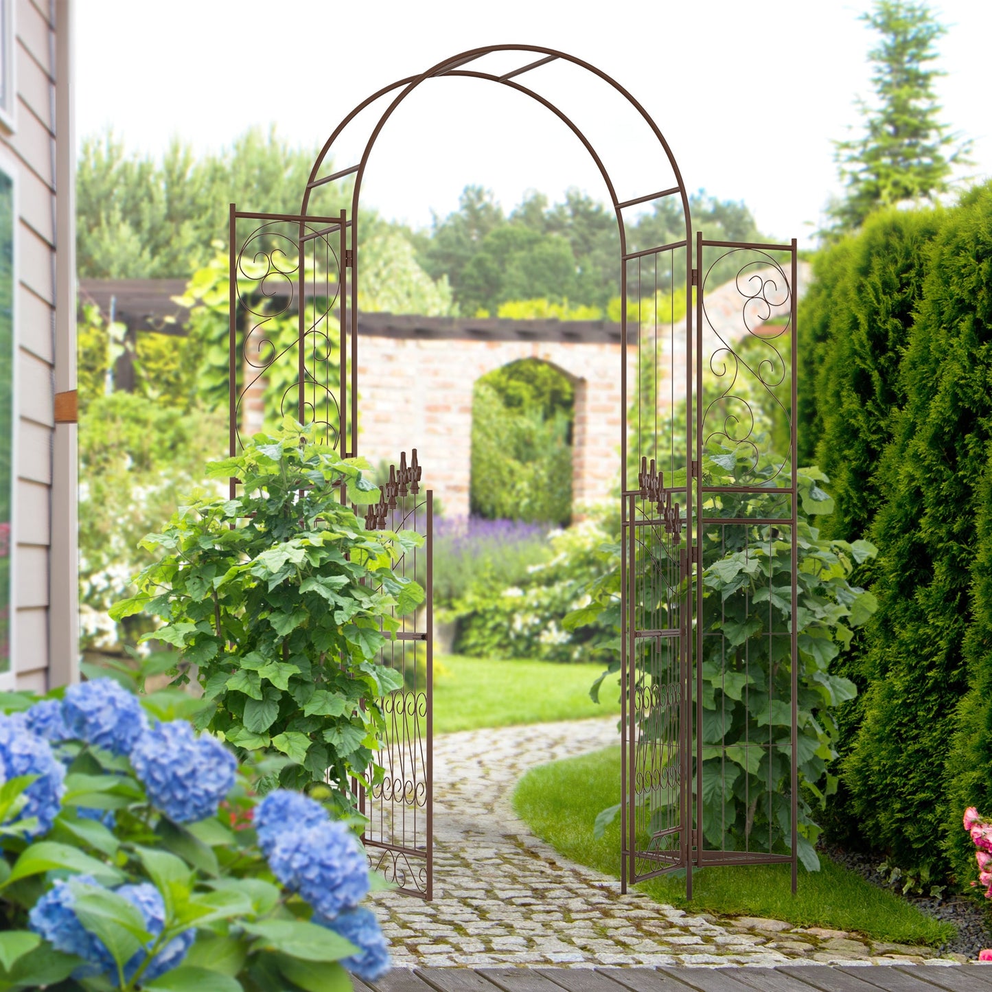 7ft Metal Garden Arch with Gate, Garden Arbor Trellis for Climbing Plants, Roses, Vines, Wedding Arch for Ceremony, Garden, Lawn, Backyard, Brown