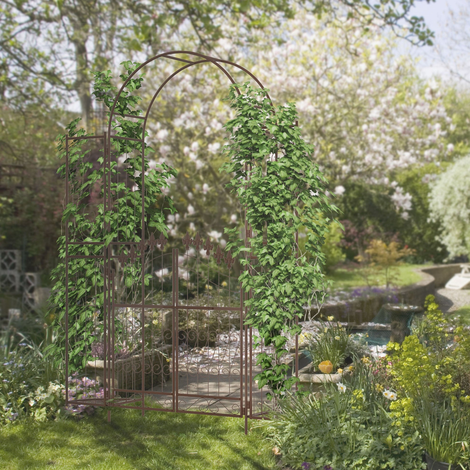 7ft Metal Garden Arch with Gate, Garden Arbor Trellis for Climbing Plants, Roses, Vines, Wedding Arch for Ceremony, Garden, Lawn, Backyard, Brown
