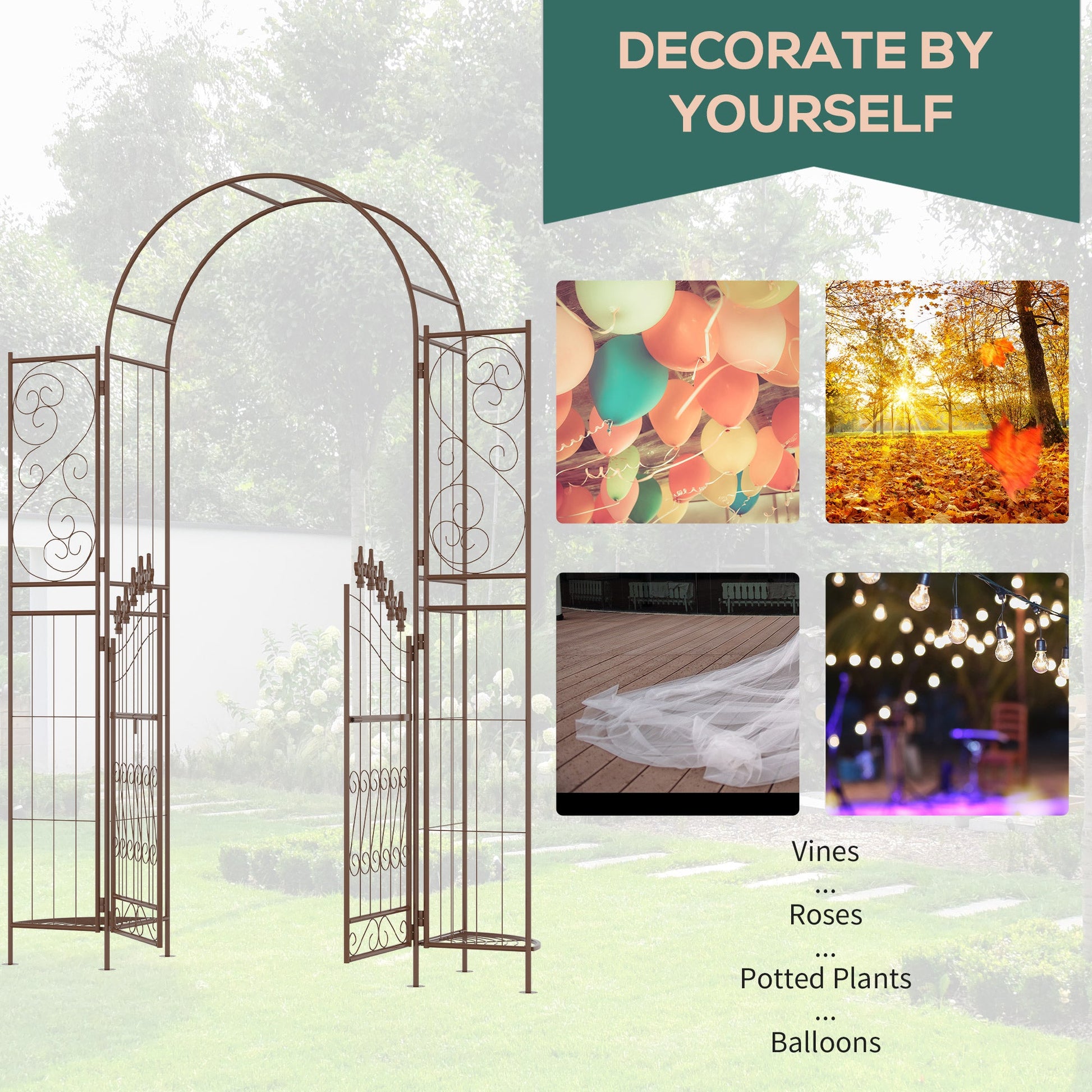 7ft Metal Garden Arch with Gate, Garden Arbor Trellis for Climbing Plants, Roses, Vines, Wedding Arch for Ceremony, Garden, Lawn, Backyard, Brown