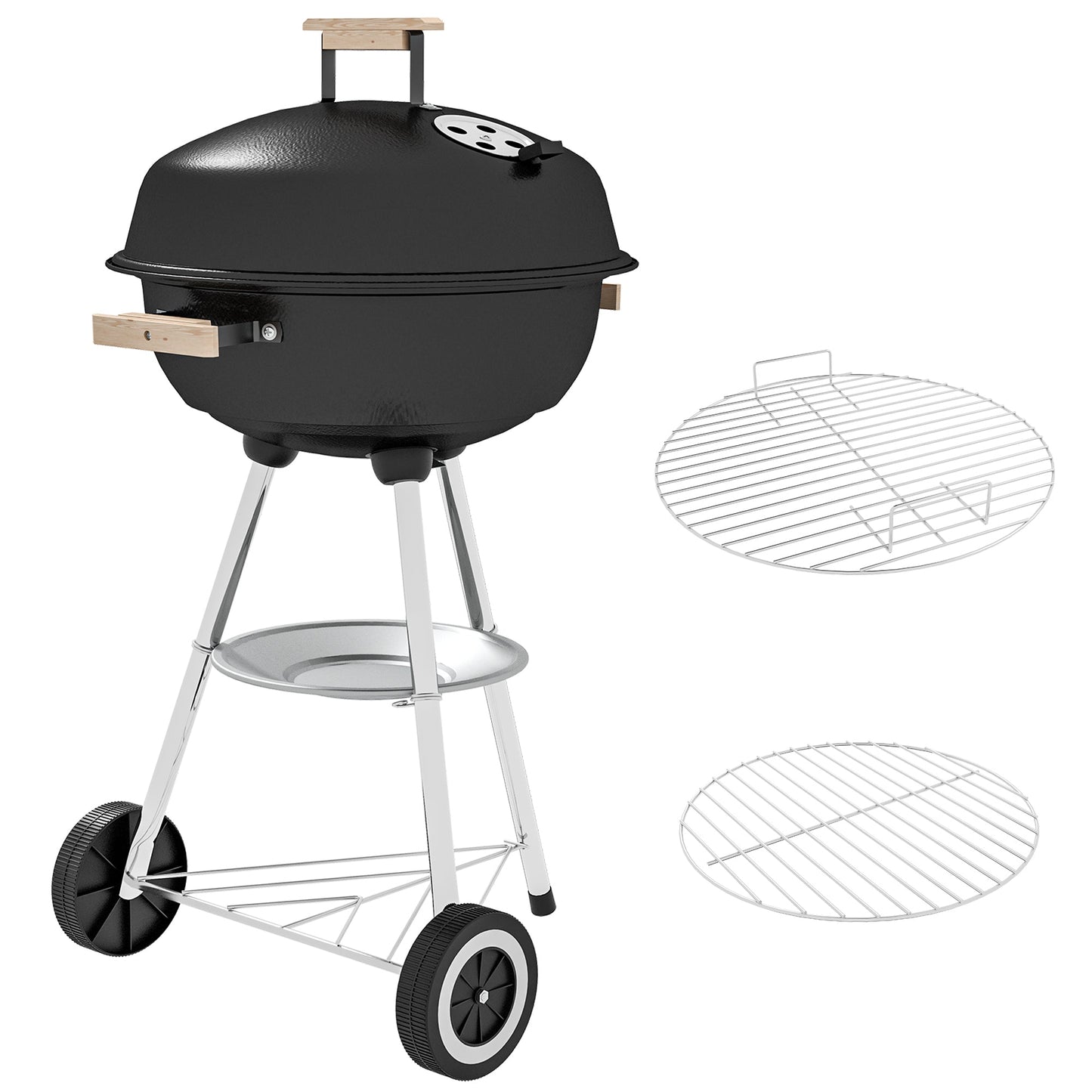 Portable Charcoal BBQ Grill, Steel Barbecue Grill with Lid and Air Vents, Outdoor Camp Picnic Cooker with Wheels and Storage Shelf, Black
