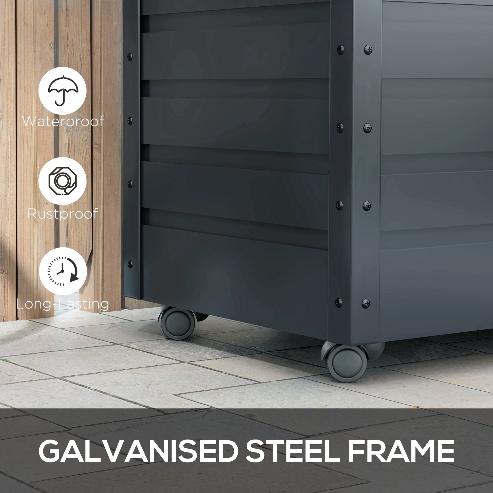 78 Gallon Garden Storage Box, Waterproof Outdoor Storage Container with Wheels and Handles, Lockable Galvanised Steel Outside Deck Box for Tools, Cushions, Dark Grey