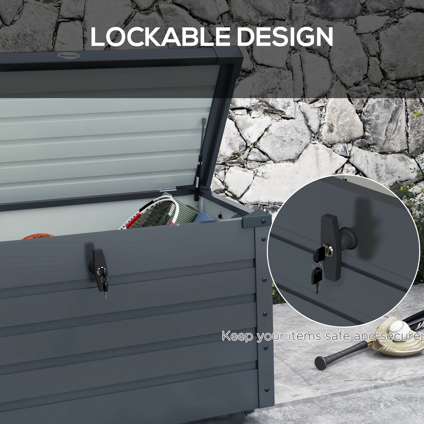 78 Gallon Garden Storage Box, Waterproof Outdoor Storage Container with Wheels and Handles, Lockable Galvanised Steel Outside Deck Box for Tools, Cushions, Dark Grey