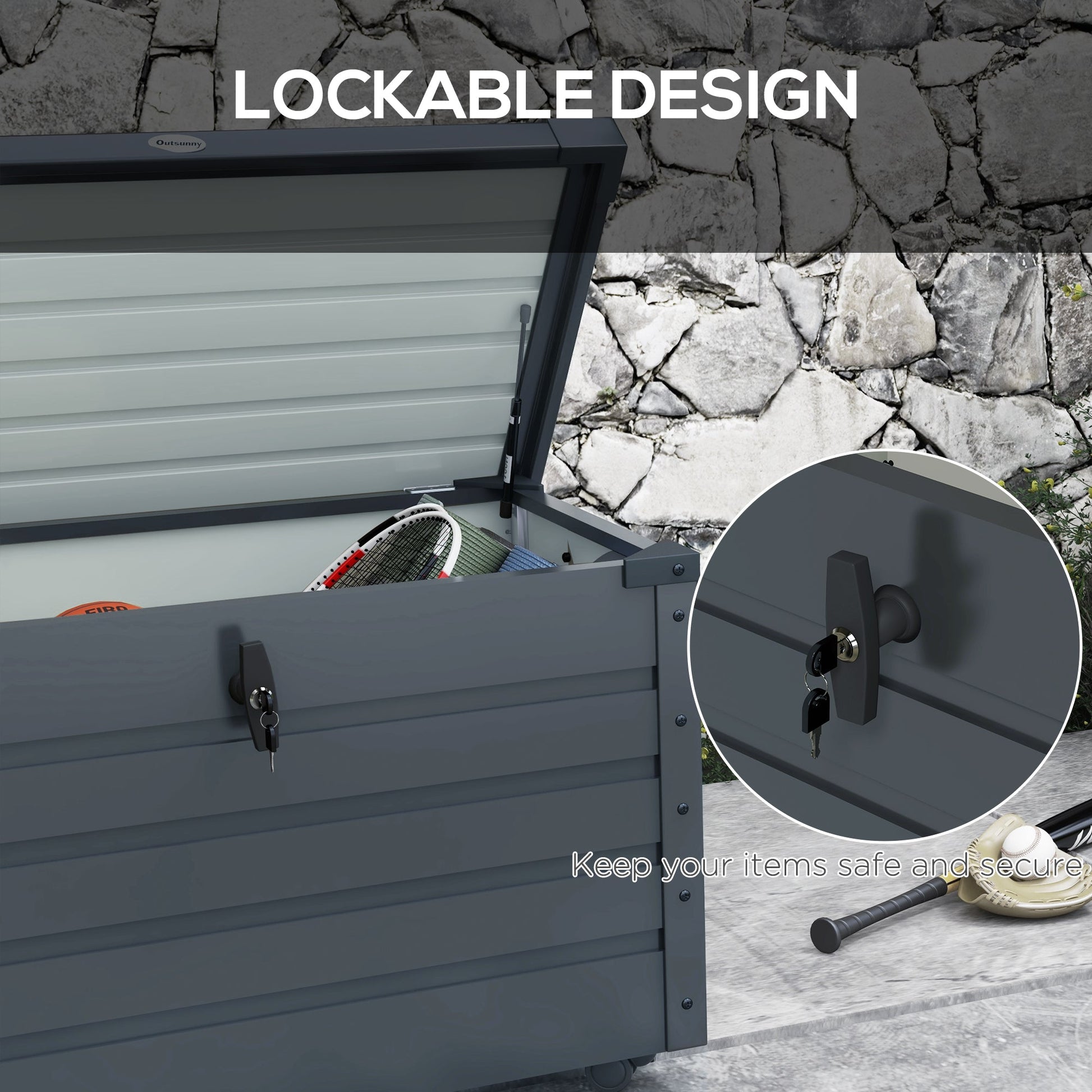 78 Gallon Garden Storage Box, Waterproof Outdoor Storage Container with Wheels and Handles, Lockable Galvanised Steel Outside Deck Box for Tools, Cushions, Dark Grey