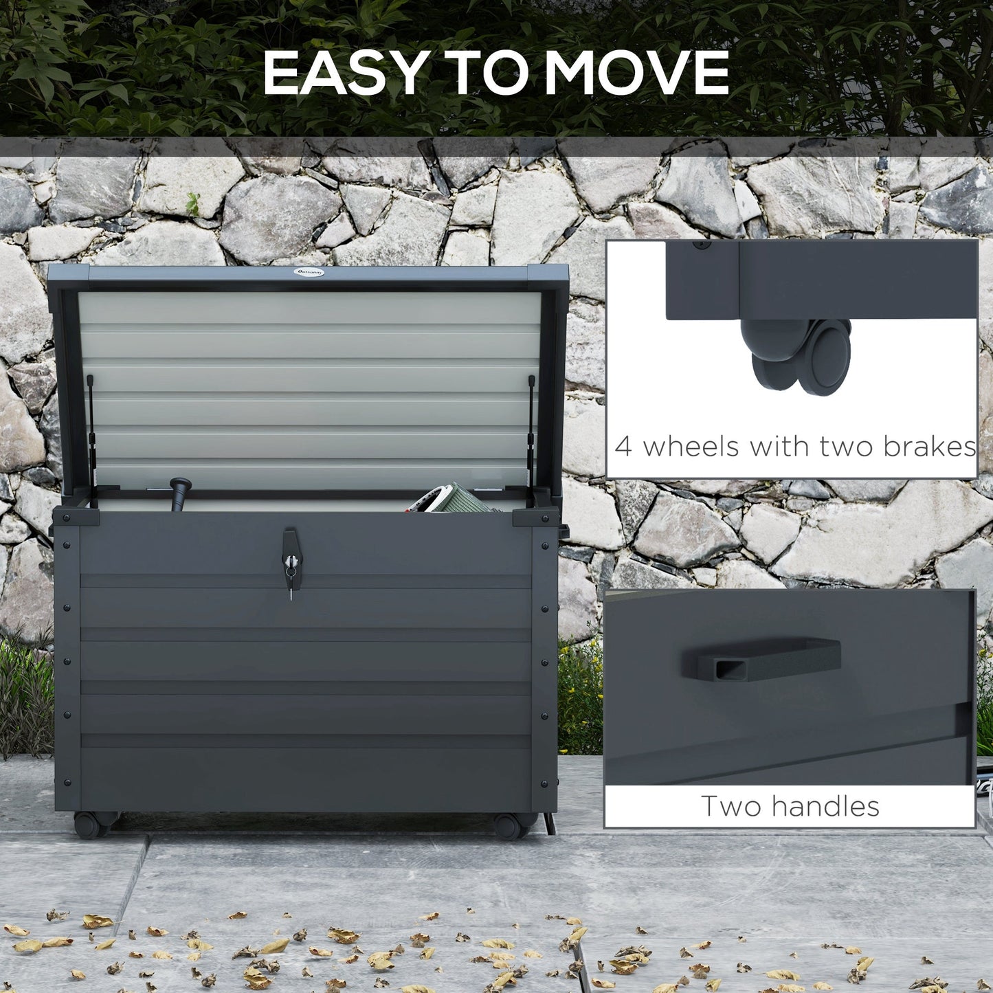 78 Gallon Garden Storage Box, Waterproof Outdoor Storage Container with Wheels and Handles, Lockable Galvanised Steel Outside Deck Box for Tools, Cushions, Dark Grey