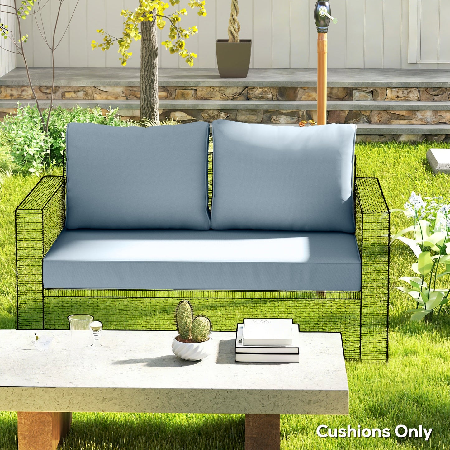 2 Seater Outdoor Seat Cushions with Backrest, Loveseat Double Sofa Outdoor Furniture Cushions, Fade-Resistant Replacement Patio Cushions for Indoor and Outdoor, Light Blue