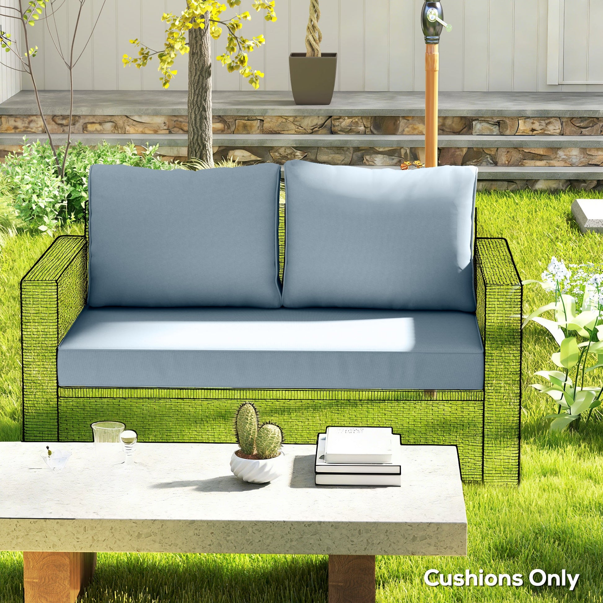 2 Seater Outdoor Seat Cushions with Backrest, Loveseat Double Sofa Outdoor Furniture Cushions, Fade-Resistant Replacement Patio Cushions for Indoor and Outdoor, Light Blue