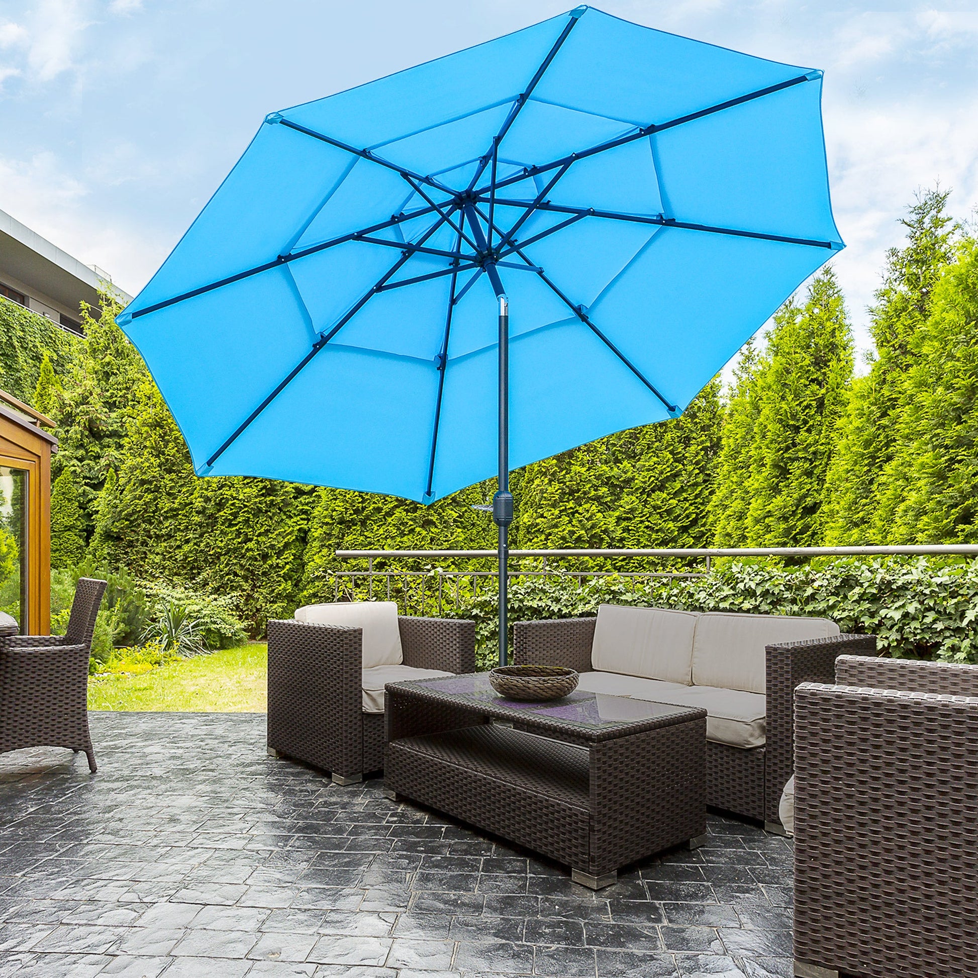 9FT 3 Tiers Patio Umbrella Outdoor Market Umbrella with Crank, Push Button Tilt for Deck, Backyard and Lawn, Sky Blue