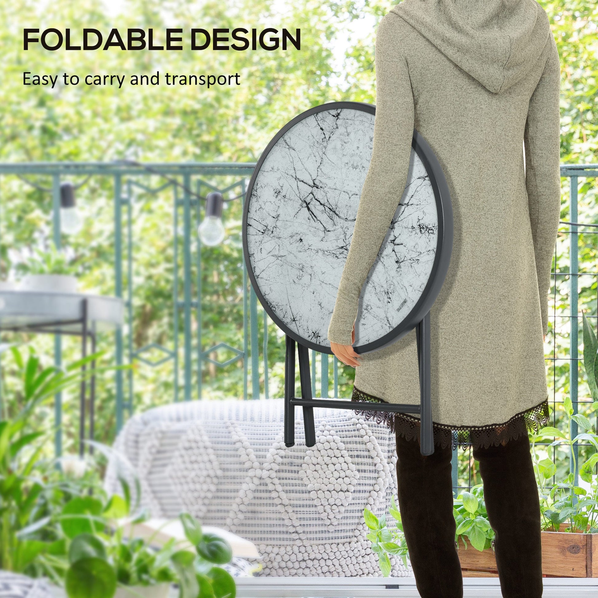 18" Outdoor Round Folding Table, Garden Side Table with Metal Frame and Tempered Glass Top for Patio, Picnic, Party, Wedding, White