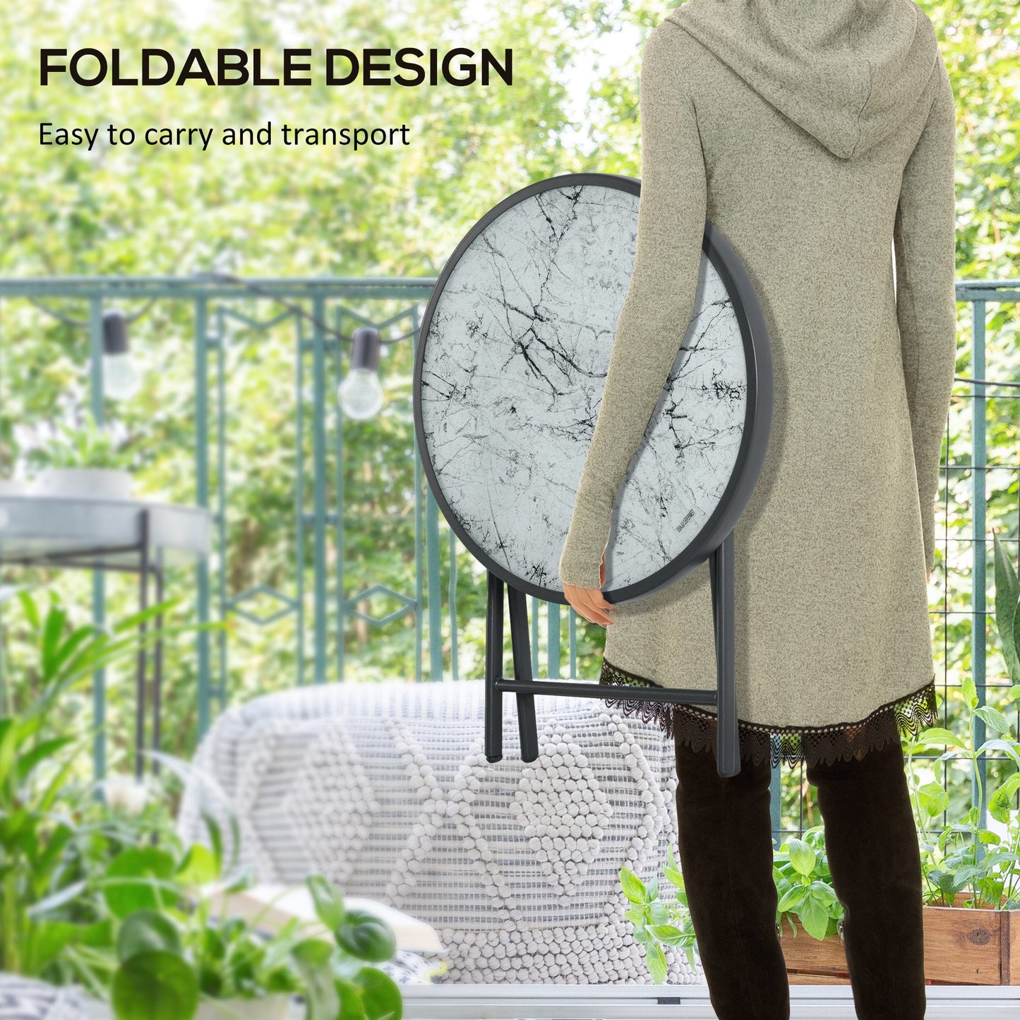 18" Outdoor Round Folding Table, Garden Side Table with Metal Frame and Tempered Glass Top for Patio, Picnic, Party, Wedding, White