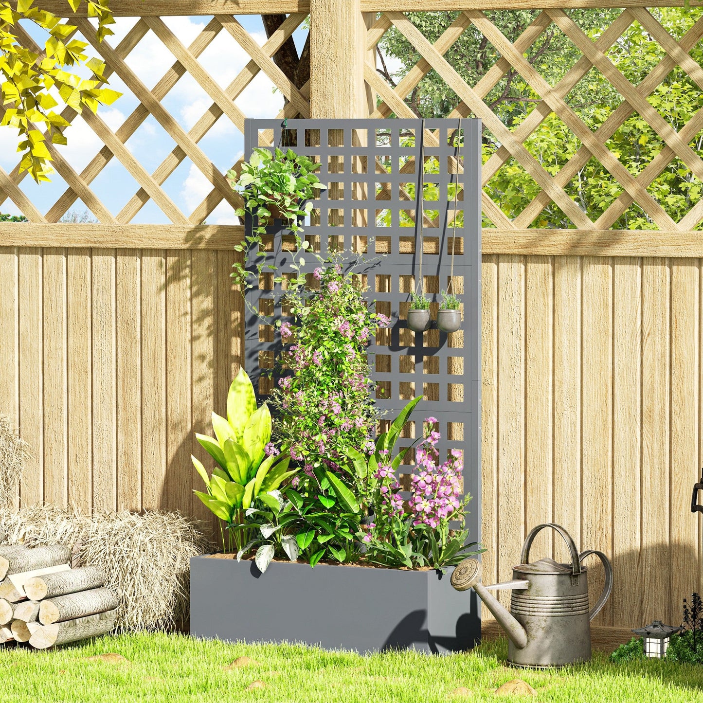 Galvanized Raised Garden Bed with Trellis, 35"x16"x70" Metal Planter Box with Drainage Holes, Outdoor Privacy Screen for Climbing Plant Vegetable Vine, Grey Wood Effect