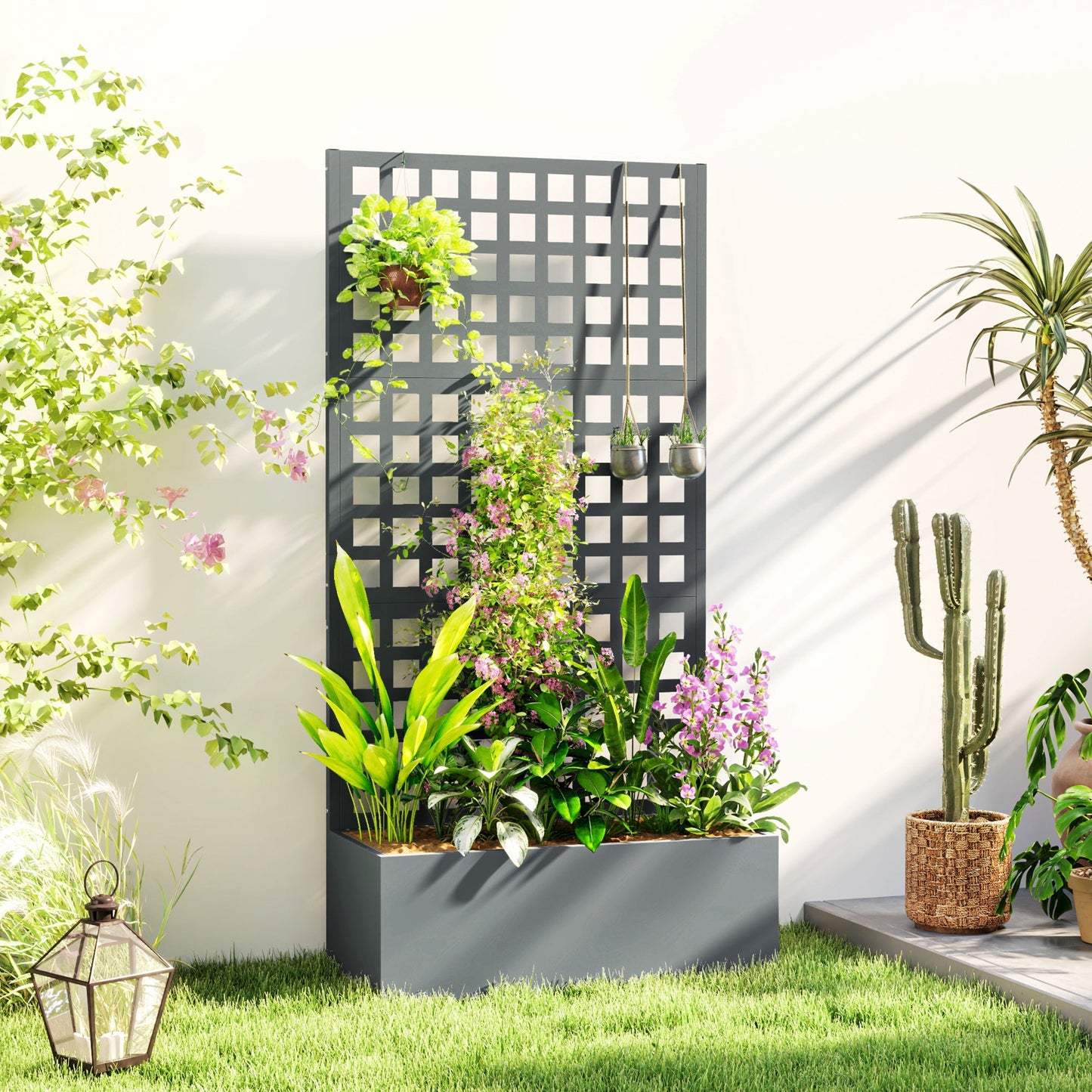 Galvanized Raised Garden Bed with Trellis, 35"x16"x70" Metal Planter Box with Drainage Holes, Outdoor Privacy Screen for Climbing Plant Vegetable Vine, Grey Wood Effect