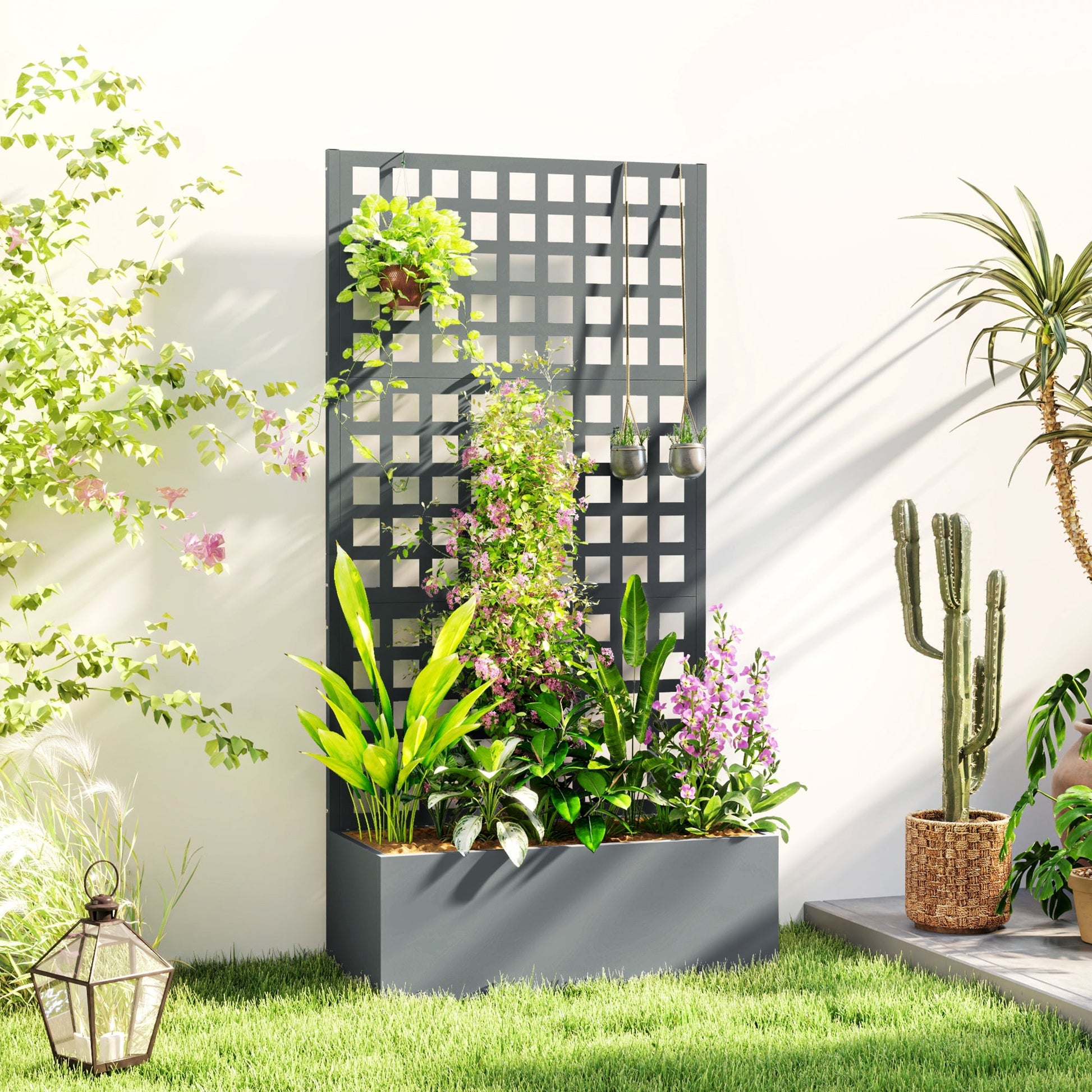 Galvanized Raised Garden Bed with Trellis, 35"x16"x70" Metal Planter Box with Drainage Holes, Outdoor Privacy Screen for Climbing Plant Vegetable Vine, Grey Wood Effect